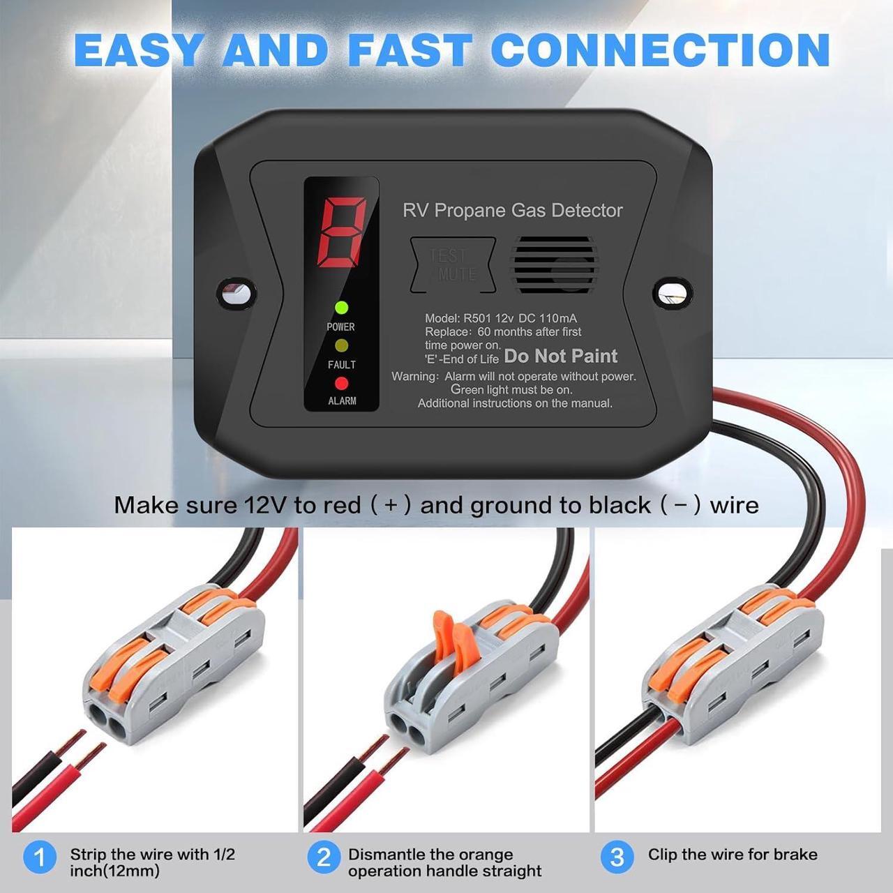 Alt view image 4 of 6 - R501 RV Propane Gas Detector for Motor Home, Travel Trailer, Van Camper and Truck Camper, LP Gas Leak Monitor, Audible and Visual Alarm,DC 12V, Black