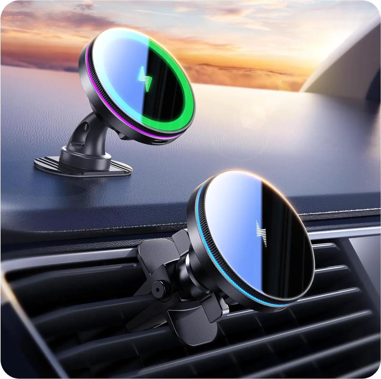 Main image of Beser for MagSafe Car Mount Charger, (4.13 lbf) Large Magnetic, 15W Qi Wireless Charger for Car, Vent/Dashboard, Phone Holder for iPhone 16/15/14/13/12 Series, 7 Color Lights, Aluminium, Black