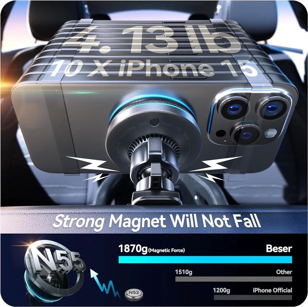 Alt view image 2 of 7 - Beser for MagSafe Car Mount Charger, (4.13 lbf) Large Magnetic, 15W Qi Wireless Charger for Car, Vent/Dashboard, Phone Holder for iPhone 16/15/14/13/12 Series, 7 Color Lights, Aluminium, Black