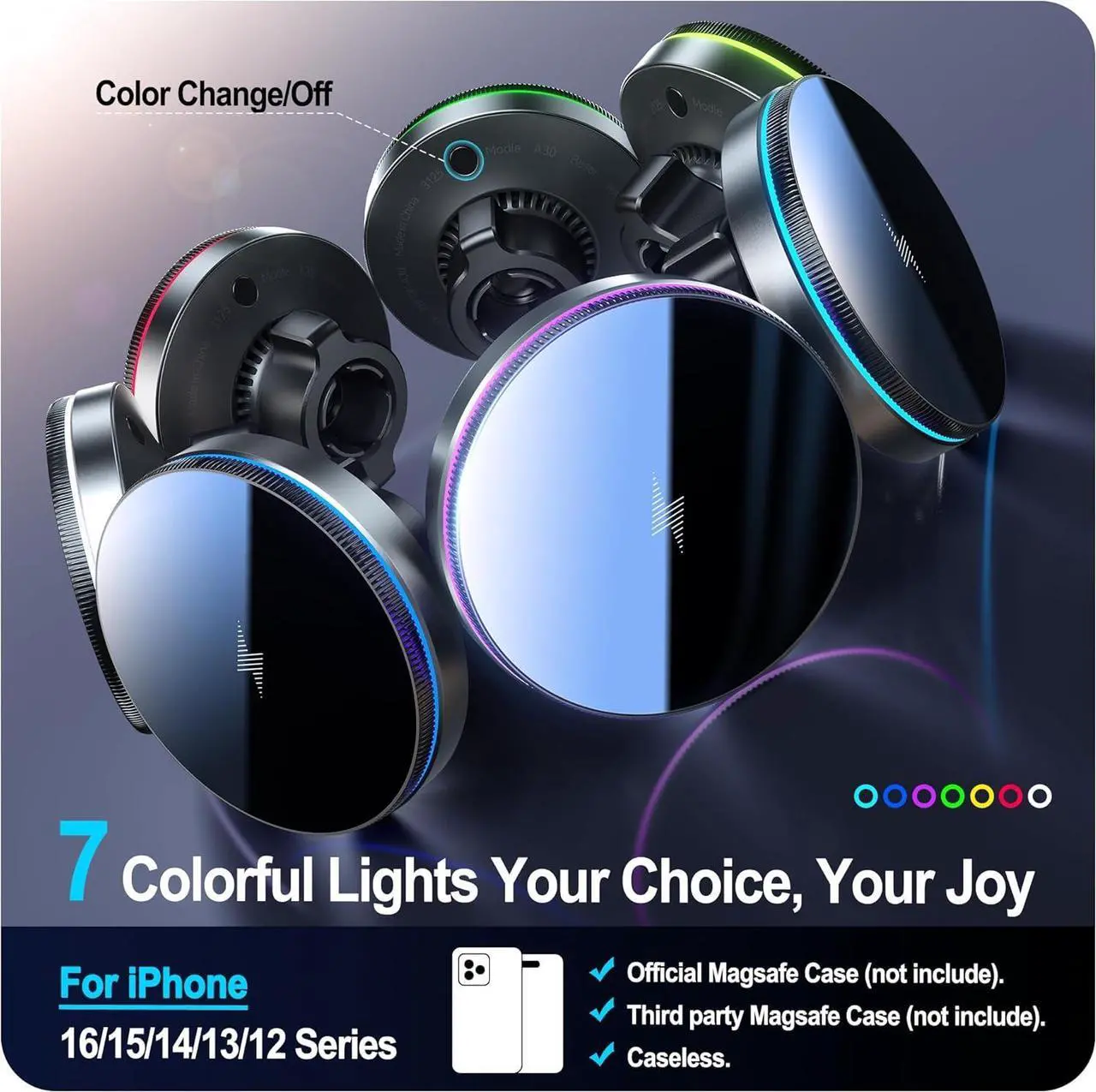 Alt view image 5 of 7 - Beser for MagSafe Car Mount Charger, (4.13 lbf) Large Magnetic, 15W Qi Wireless Charger for Car, Vent/Dashboard, Phone Holder for iPhone 16/15/14/13/12 Series, 7 Color Lights, Aluminium, Black
