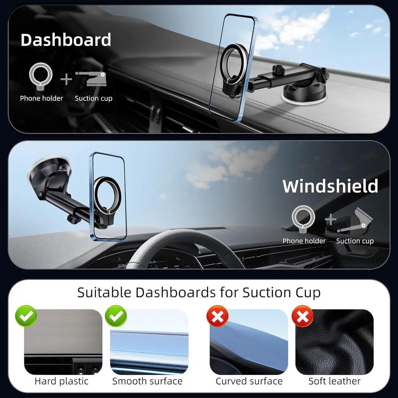 Alt view image 3 of 6 - pop-tech for MagSafe Car Mount, [Aviation-Grade Aluminum] Universal Magnetic Phone Holder for Car Windshield Dashboard, Strong Magnet Cellphone Mount Fit for iPhone 16 Pro Max 15 14 13 12 Series