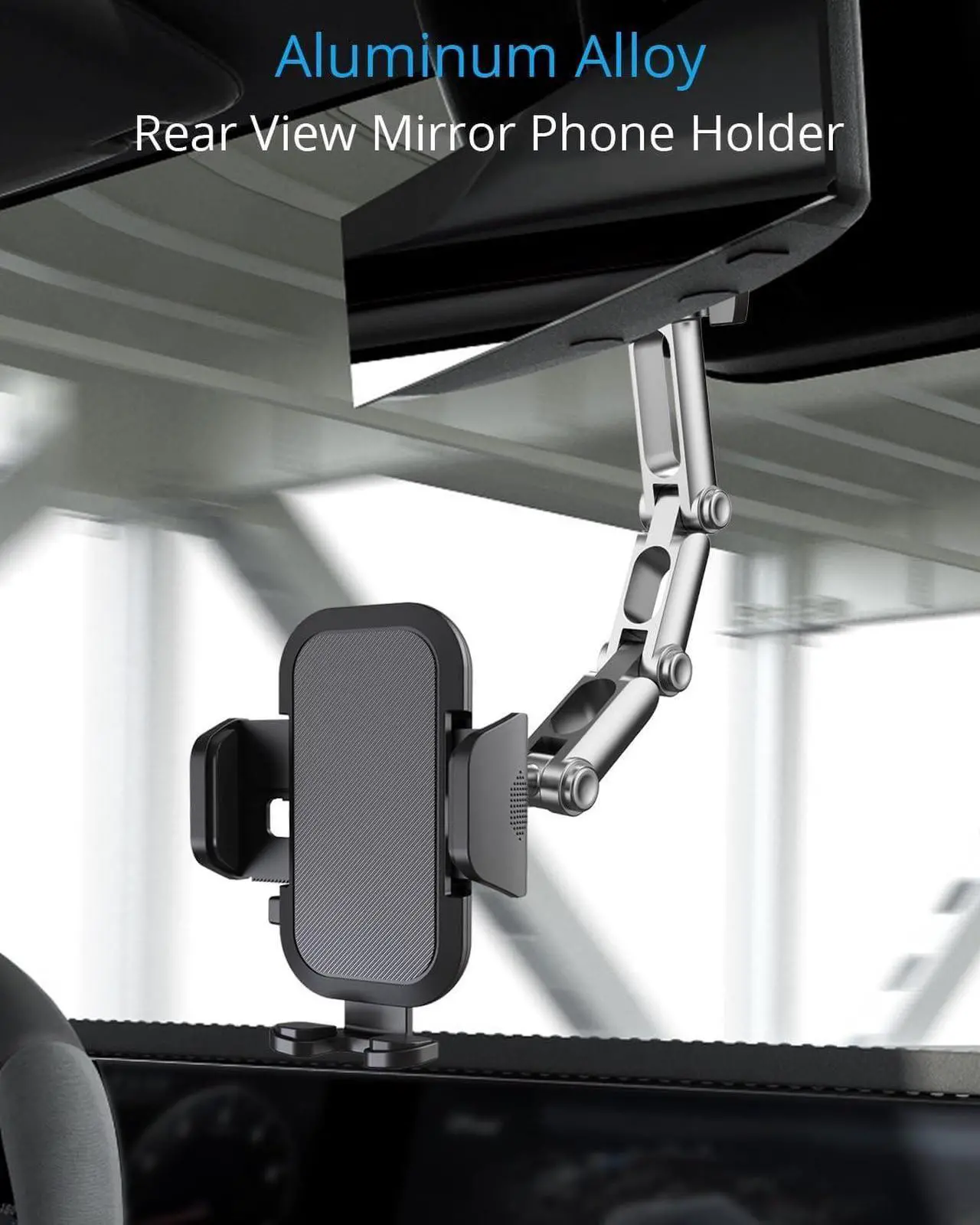 Alt view image 2 of 7 - Upgraded Phone Holder for Your Car, Rear View Mirror Phone Holder - Aluminum Alloy Mount Multi-Angle Adjustment Rotatable and Retractable Compatible with 4-7 Inch iPhone and Android Phones (Silver)
