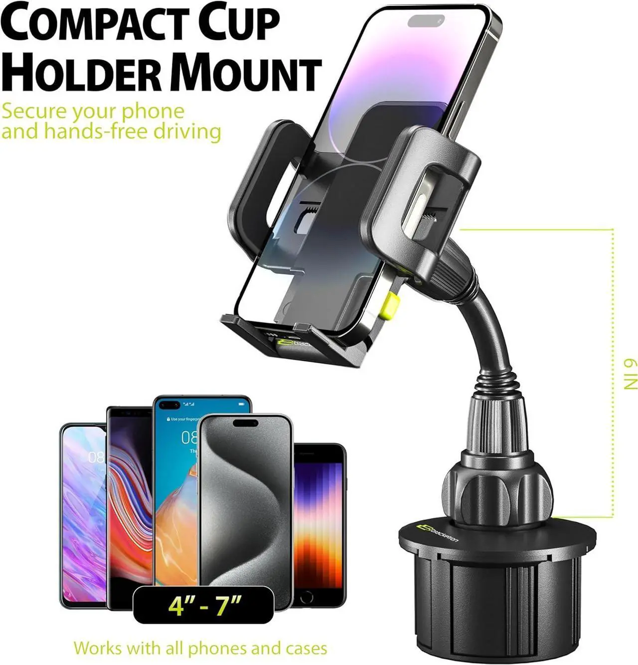 Alt view image 2 of 7 - Bracketron TripGrip Universal Phone Holder for Car Cup Holder Mount - 360 Degree Rotation, Swivel Gooseneck, Expandable Base Cell Phone Cup Holder Insert - Smartphone Cradle Stand