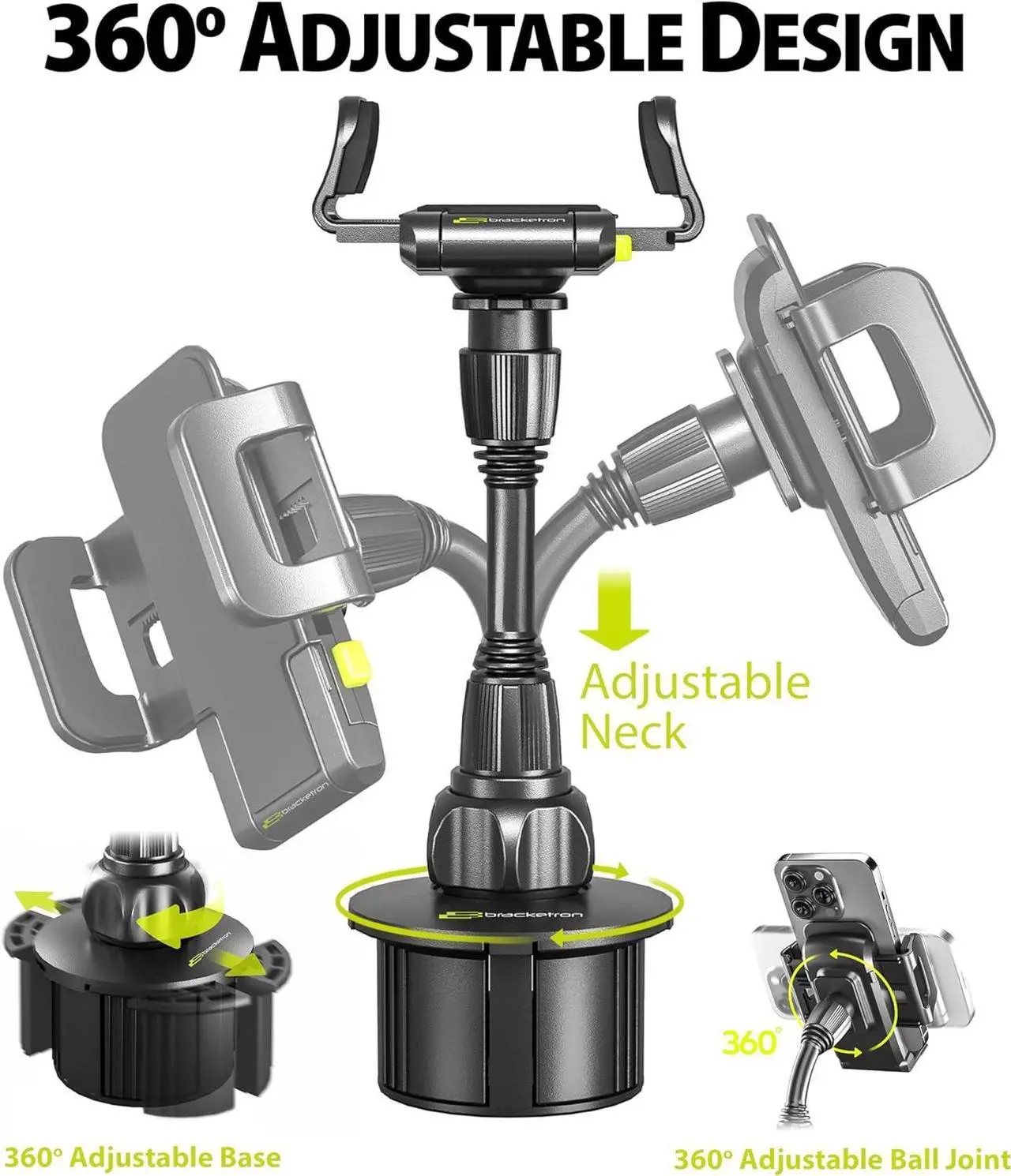 Alt view image 5 of 7 - Bracketron TripGrip Universal Phone Holder for Car Cup Holder Mount - 360 Degree Rotation, Swivel Gooseneck, Expandable Base Cell Phone Cup Holder Insert - Smartphone Cradle Stand