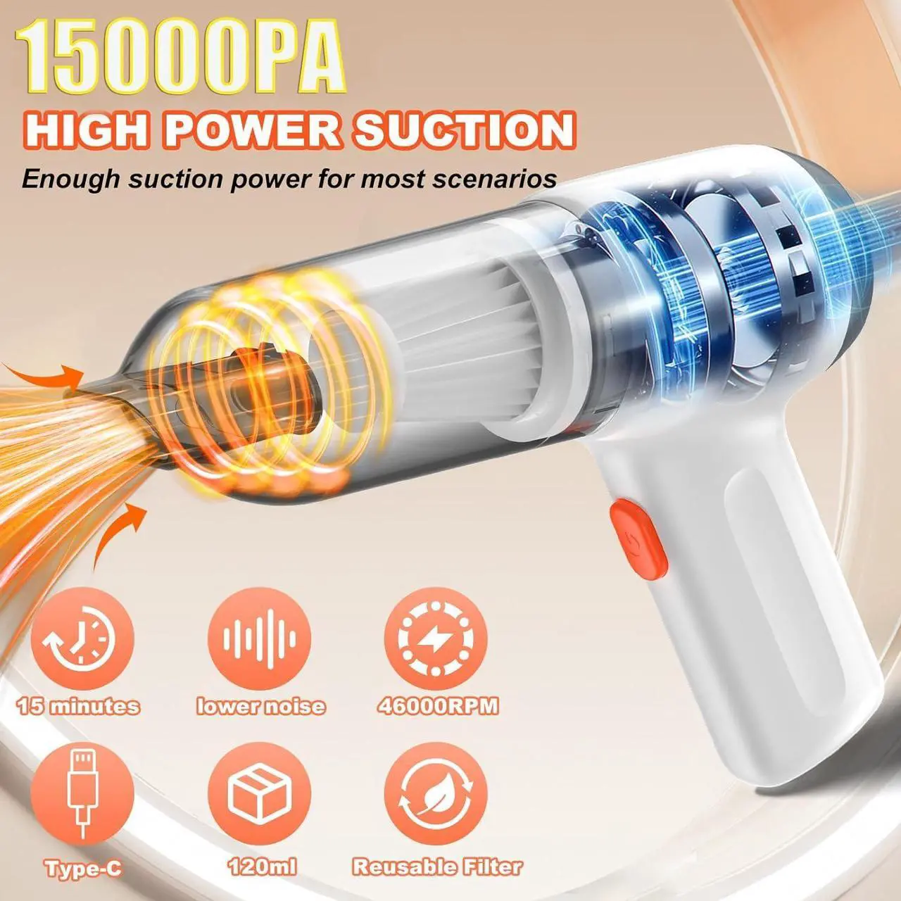Alt view image 5 of 7 - Handheld Car Vacuum Cleaner, 15000PA Mini Hand Held Vacuum Portable Cordless 3 in 1 Dust Buster & Air Blower & Hand Pump, Rechargeable Small Hand Vacuum High Power for Car, Home, Office