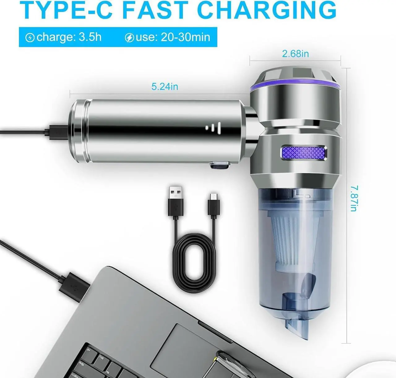 Alt view image 2 of 6 - Handheld Vacuum Cordless - 21KPa Strong Suction Car Vacuum Cleaner with 6000mAh Battery & Type-C Charging, 0.4L Dust Cup, Portable car Vacuum for Car Detailing, Home, Camping - Blue