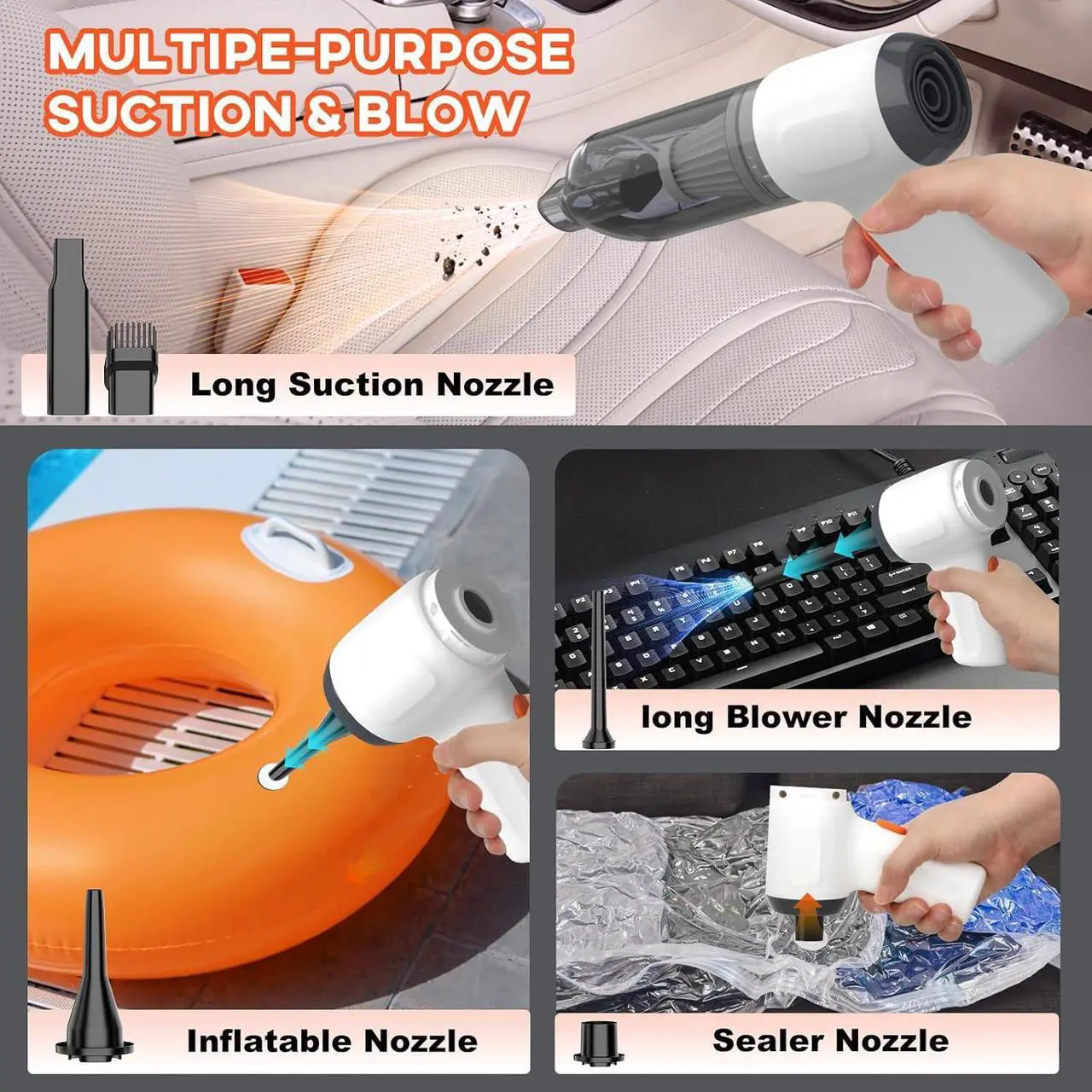 Alt view image 4 of 7 - Handheld Car Vacuum Cleaner, 15000PA Mini Hand Held Vacuum Portable Cordless 3 in 1 Dust Buster & Air Blower & Hand Pump, Rechargeable Small Hand Vacuum High Power for Car, Home, Office