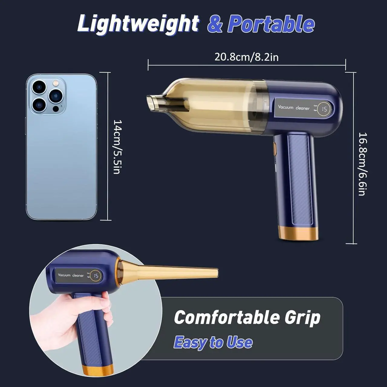 Alt view image 2 of 7 - Musclez Car Vacuum Cleaner, 15000PA Mini Portable Handheld Car Vacuum Rechargeable Dust Buster, Wireless Air Blower, LED Display Powerful Cordless Vacuum Cleaner for Home Pet Hair Office(Blue)