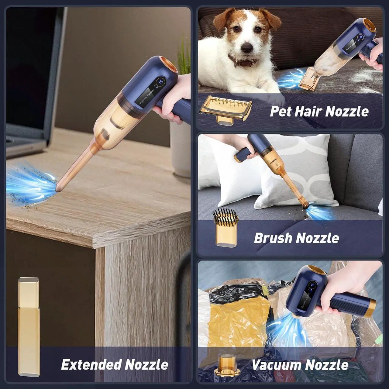 Alt view image 4 of 7 - Musclez Car Vacuum Cleaner, 15000PA Mini Portable Handheld Car Vacuum Rechargeable Dust Buster, Wireless Air Blower, LED Display Powerful Cordless Vacuum Cleaner for Home Pet Hair Office(Blue)