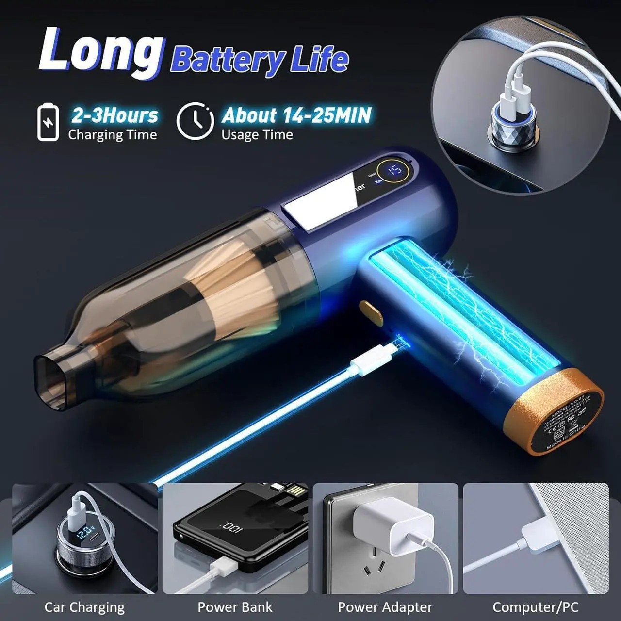 Alt view image 6 of 7 - Musclez Car Vacuum Cleaner, 15000PA Mini Portable Handheld Car Vacuum Rechargeable Dust Buster, Wireless Air Blower, LED Display Powerful Cordless Vacuum Cleaner for Home Pet Hair Office(Blue)