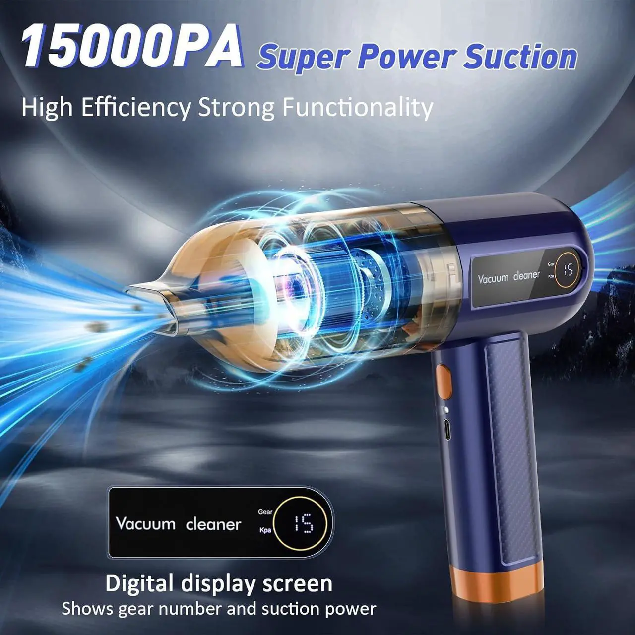 Alt view image 3 of 7 - Musclez Car Vacuum Cleaner, 15000PA Mini Portable Handheld Car Vacuum Rechargeable Dust Buster, Wireless Air Blower, LED Display Powerful Cordless Vacuum Cleaner for Home Pet Hair Office(Blue)