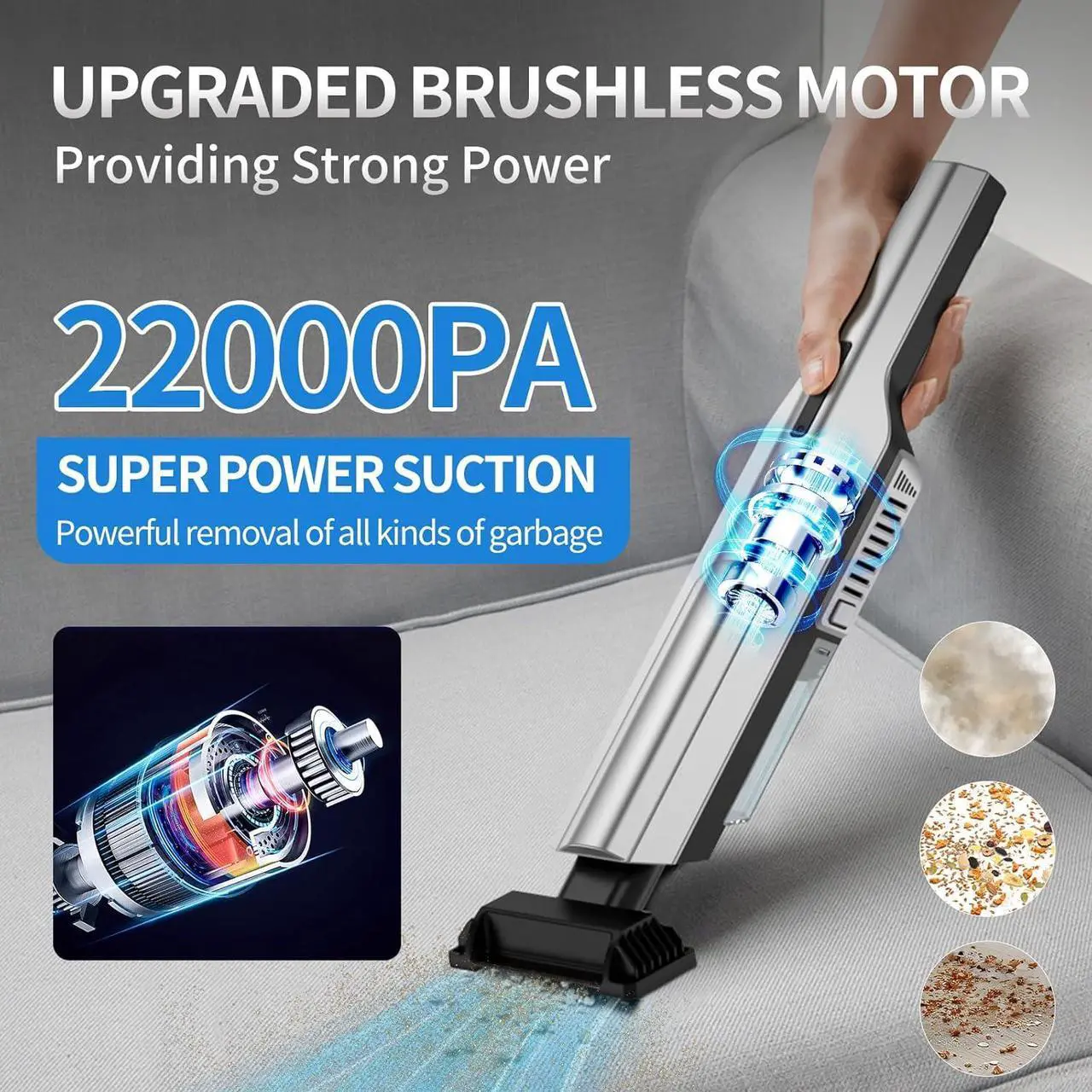 Alt view image 3 of 6 - Cordless Handheld Vacuum Cleaner - 22000Pa, Rechargeable Dust Buster for Car, High Power Portable Vacuum