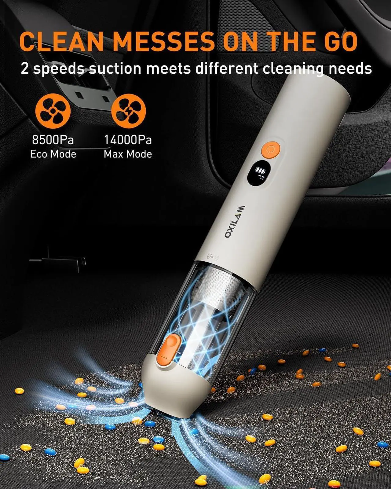 Alt view image 3 of 7 - OXILAM 4 in 1 Car Vacuum - Handheld Vacuum 14000PA High Power, Portable Cordless Small Vacuum, Blow & Suction 2 in 1, Up to 30 Mins Runtime, Multi-Nozzles, Vacuum Cleaner for Home, Pet, Car, Office