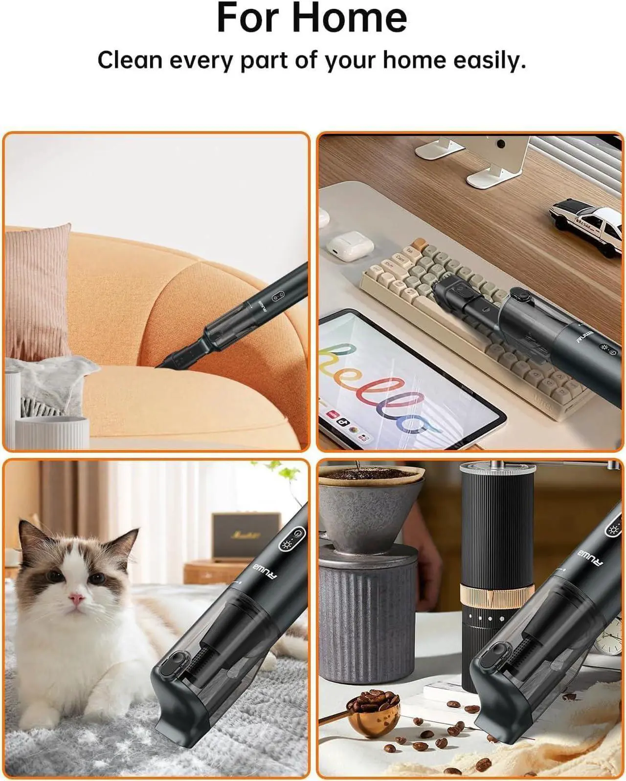 Alt view image 4 of 7 - ruwa Car Vacuum Cleaner Handheld Vacuum, Cordless Hand Vacuum Rechargeable with 2 Speeds, Portable Mini for Car, Home and Pet Hair, 14000PA High Power, 300ml Dust Cup (Pewter Grey)