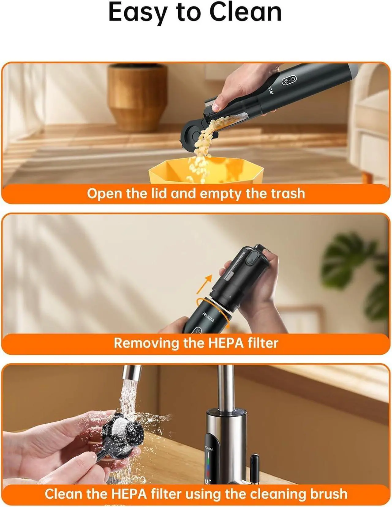 Alt view image 5 of 7 - ruwa Car Vacuum Cleaner Handheld Vacuum, Cordless Hand Vacuum Rechargeable with 2 Speeds, Portable Mini for Car, Home and Pet Hair, 14000PA High Power, 300ml Dust Cup (Pewter Grey)
