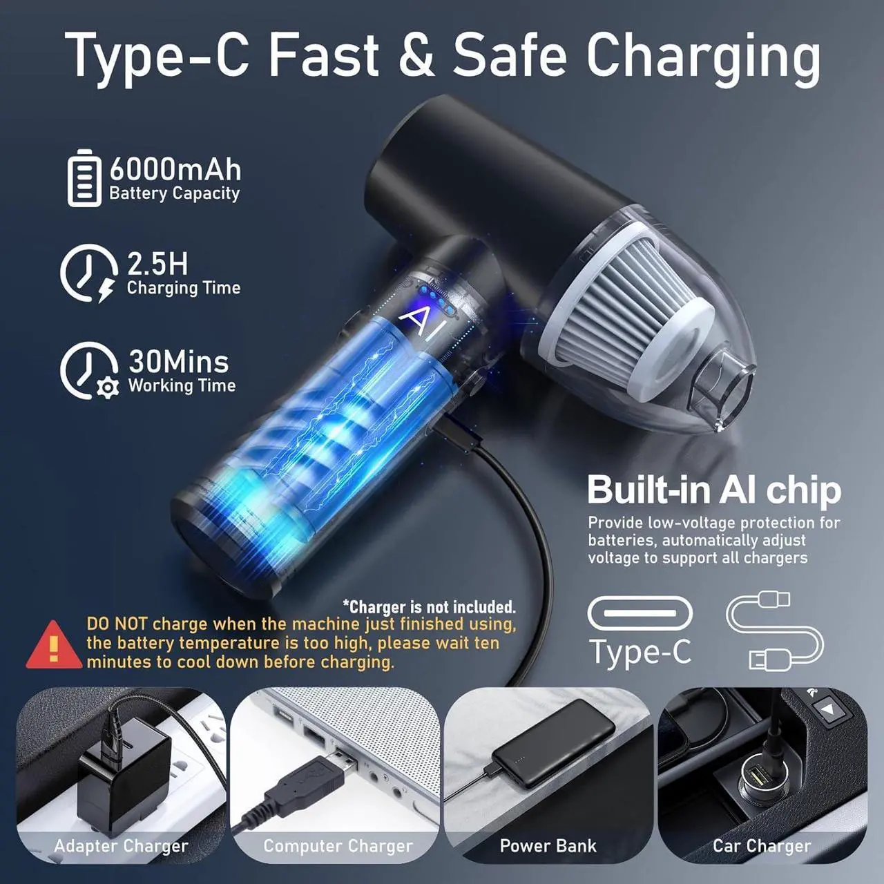 Alt view image 6 of 7 - Electric Compressed Air Duster Car Vacuum Cleaner Cordless 11000PA Portable Mini Keyboard Duster 90000RPM PC Air Blower Cleaning Kit for Computer, Car, Office(Dustbin-Gray)