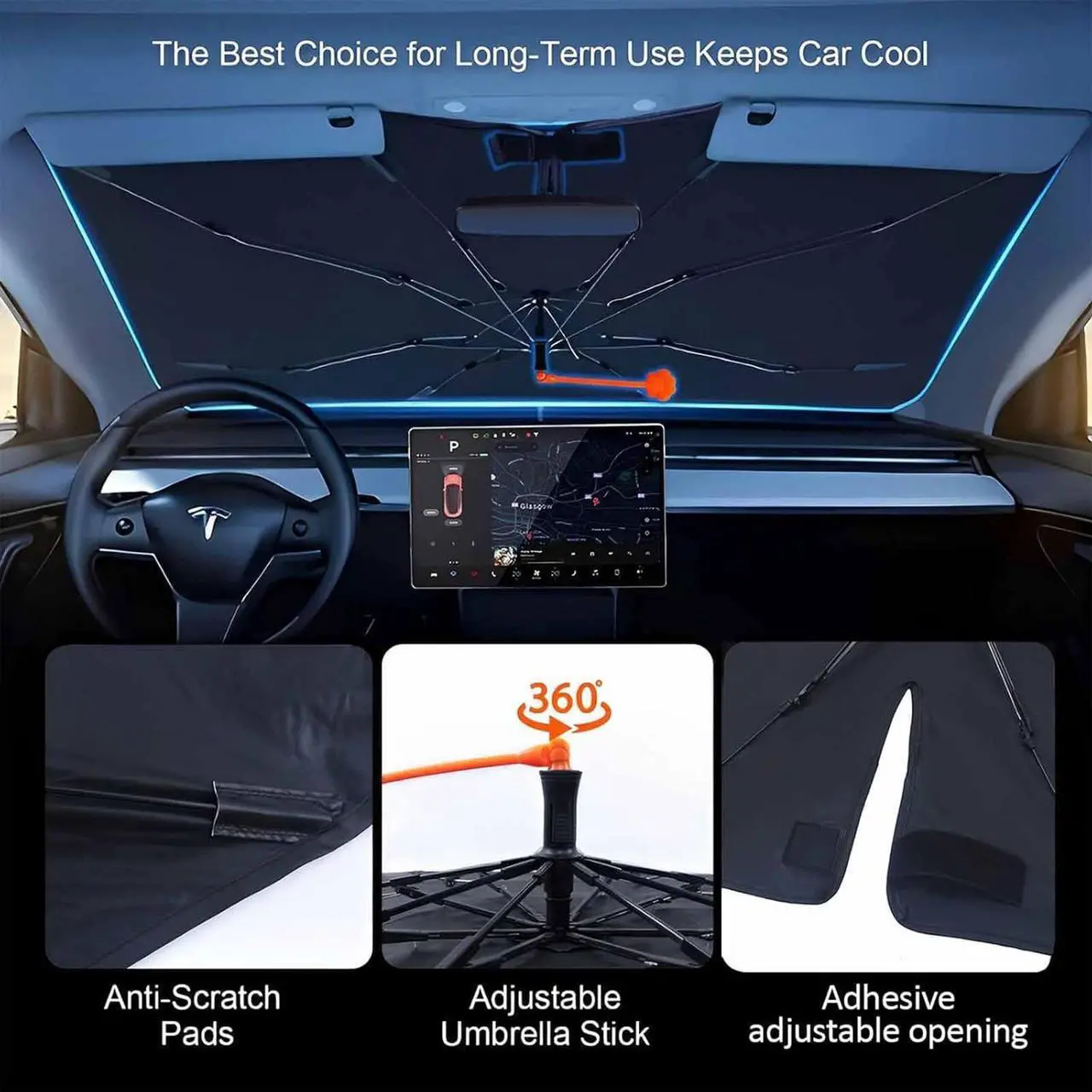 Alt view image 2 of 7 - Car Windshield Sun Shade Umbrella, Black Eyes Windshield Sunshades with 360° Rotation Bendable Handle, Foldable Automotive Windshield Shades, Full Cover Sun Shade for Most Vehicles