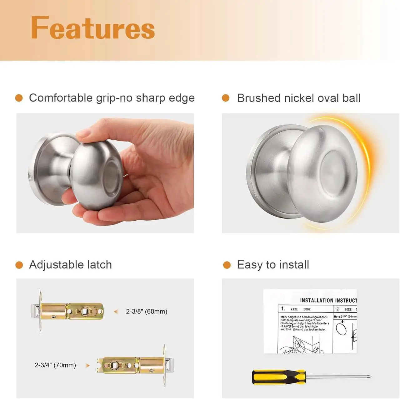 Alt view image 4 of 7 - Probrico Passage Door Knobs No Lock, Oval Brushed Nickel Interior Door Knob for Hallway Closet, Modern No-Locking Door Knob with Egg Style 5 Pack