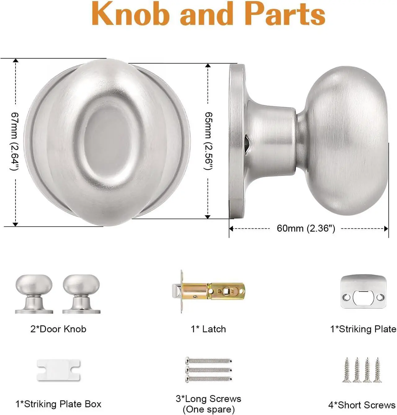 Alt view image 5 of 7 - Probrico Passage Door Knobs No Lock, Oval Brushed Nickel Interior Door Knob for Hallway Closet, Modern No-Locking Door Knob with Egg Style 5 Pack