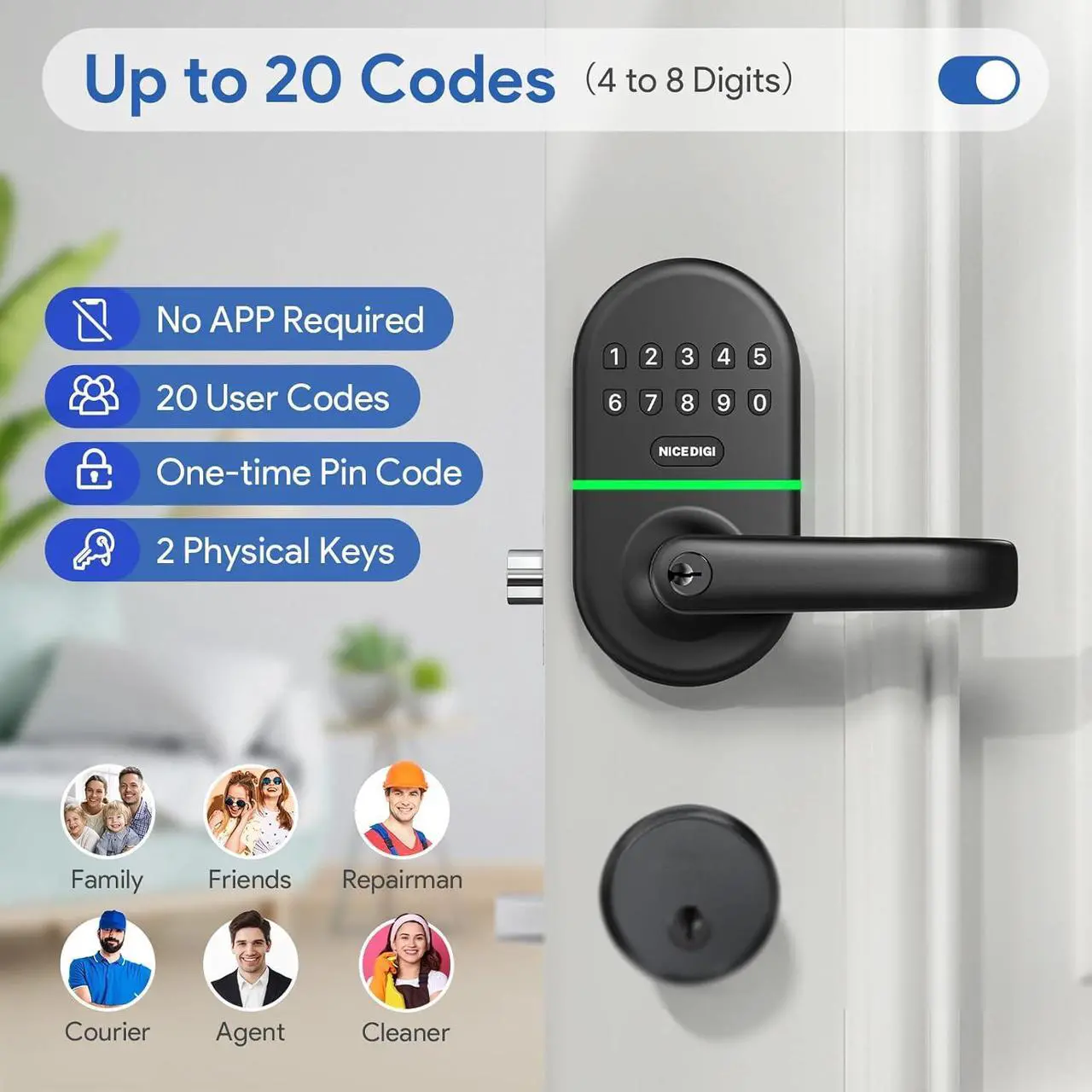 Alt view image 2 of 7 - Smart Keypad Door Lock with Handle: NICE DIGI Keyless Entry Digital Lock for Front/Interior Door, Electronic Code Knob, Easy Installation