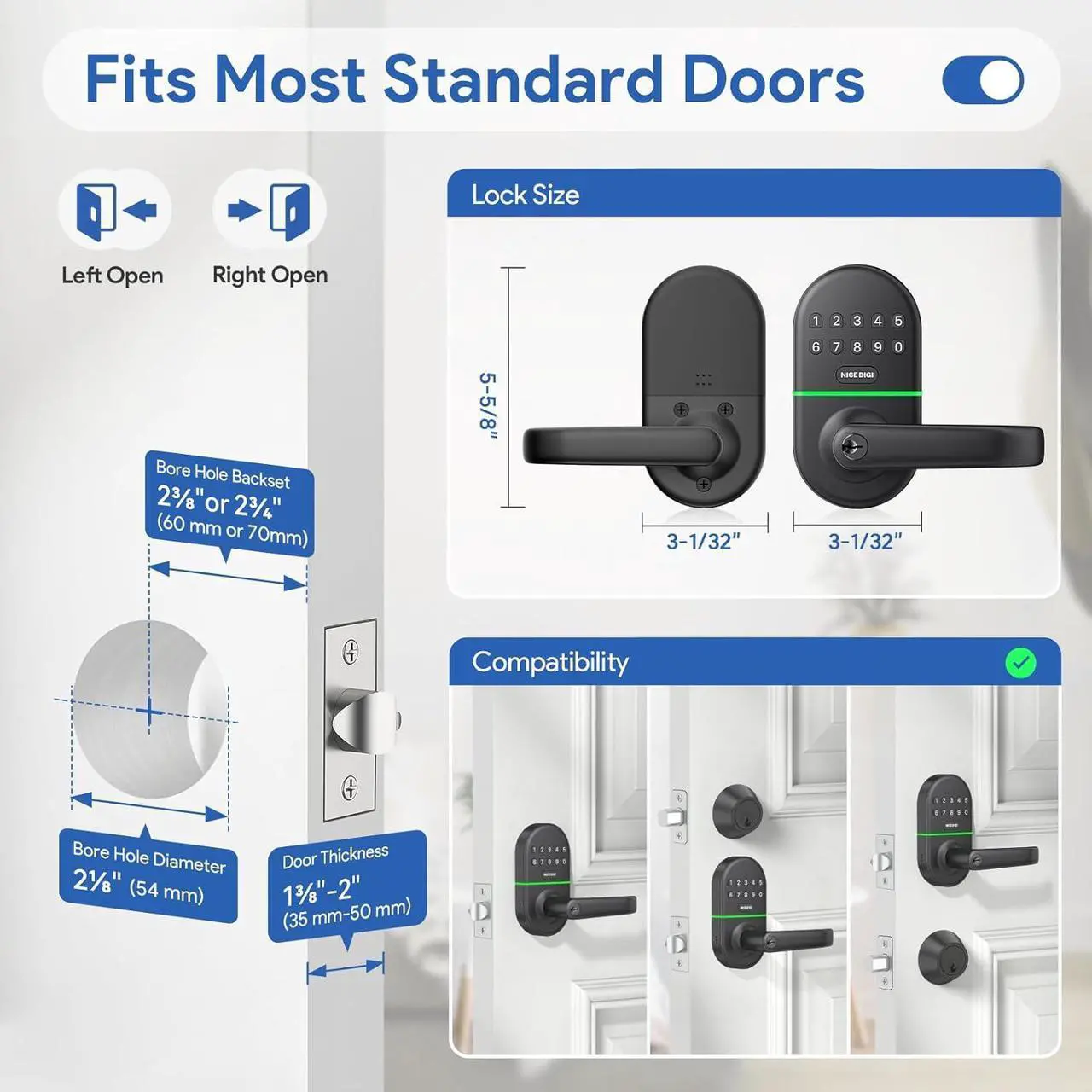 Alt view image 6 of 7 - Smart Keypad Door Lock with Handle: NICE DIGI Keyless Entry Digital Lock for Front/Interior Door, Electronic Code Knob, Easy Installation
