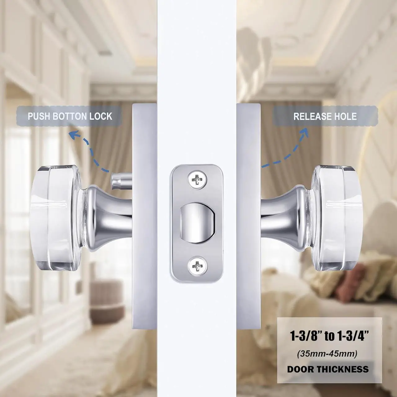 Alt view image 3 of 6 - Privacy Door Knob with Lock - Crystal Glass Interior Door Handle for Bedroom Bathroom Closet - Polished Chrome, 1 Pack