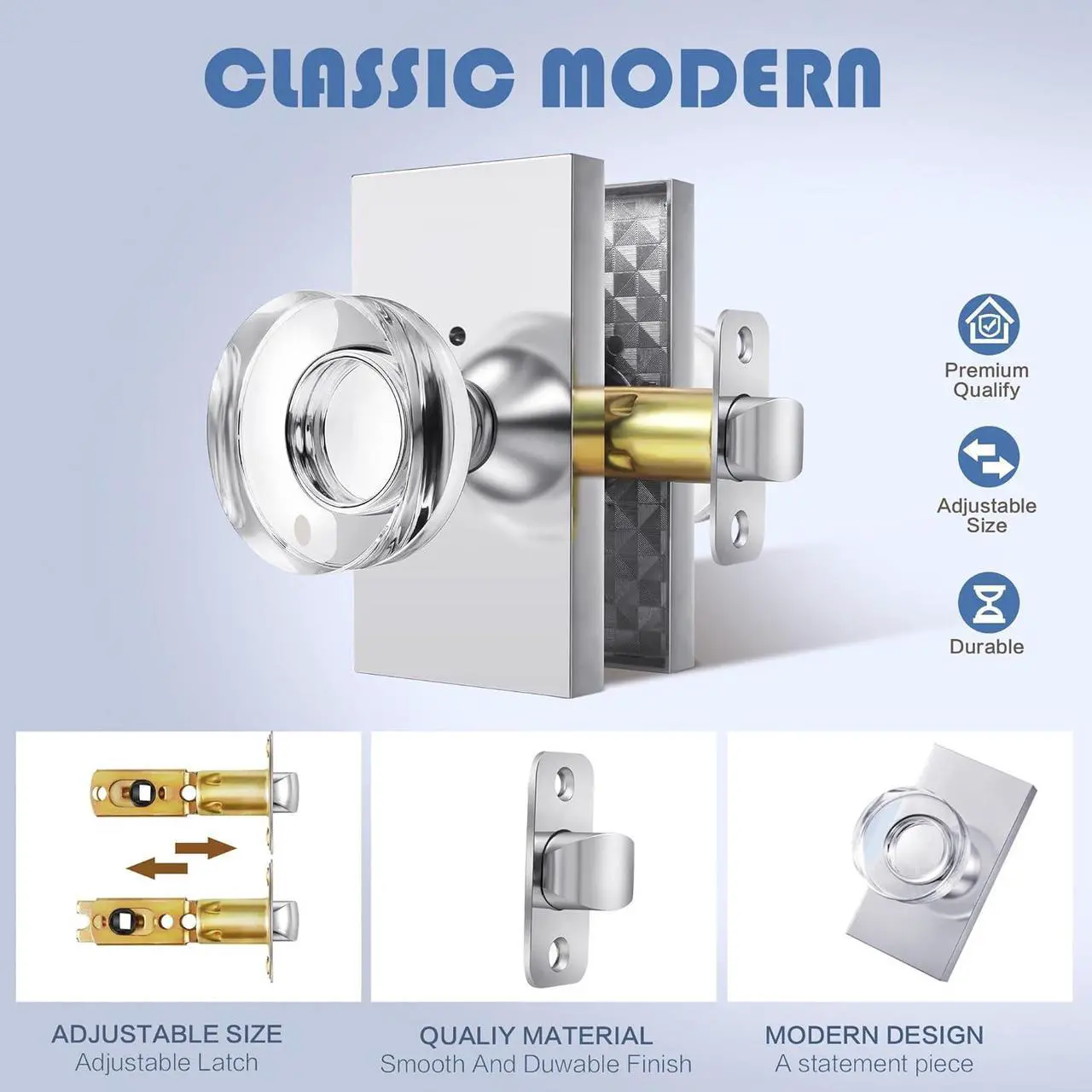 Alt view image 5 of 6 - Privacy Door Knob with Lock - Crystal Glass Interior Door Handle for Bedroom Bathroom Closet - Polished Chrome, 1 Pack