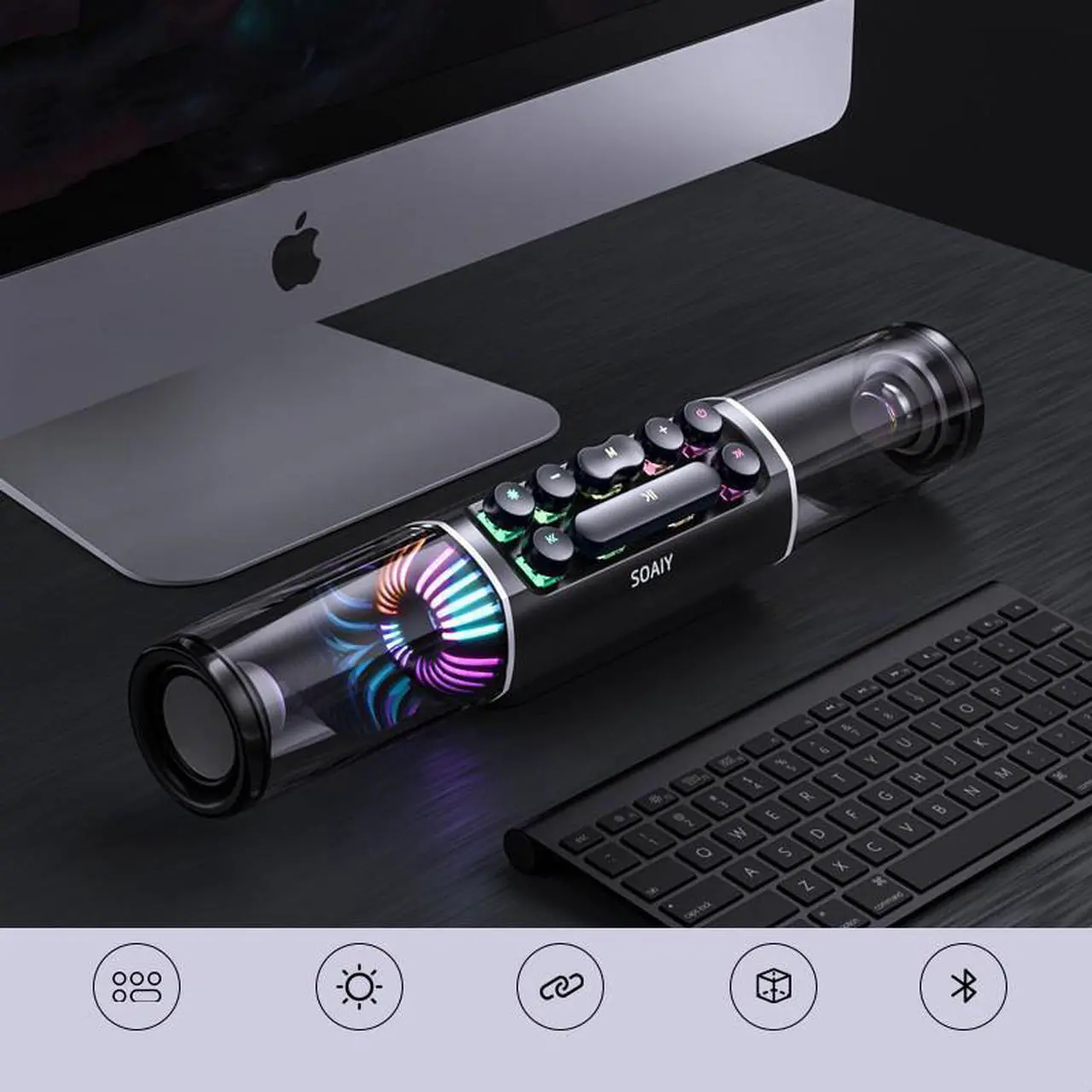Alt view image 2 of 6 - SOAIY Computer Speakers, RGB PC Soundbar Gaming 10 Mode, 16W Stereo PC Speakers with Deep Bass, 14" Portable Computer Sound Bar Battery Powered, Bluetooth, Desktop Monitor Speaker 3.5mm AUX-in
