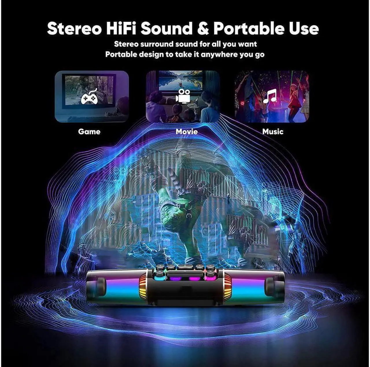 Alt view image 5 of 6 - SOAIY Computer Speakers, RGB PC Soundbar Gaming 10 Mode, 16W Stereo PC Speakers with Deep Bass, 14" Portable Computer Sound Bar Battery Powered, Bluetooth, Desktop Monitor Speaker 3.5mm AUX-in