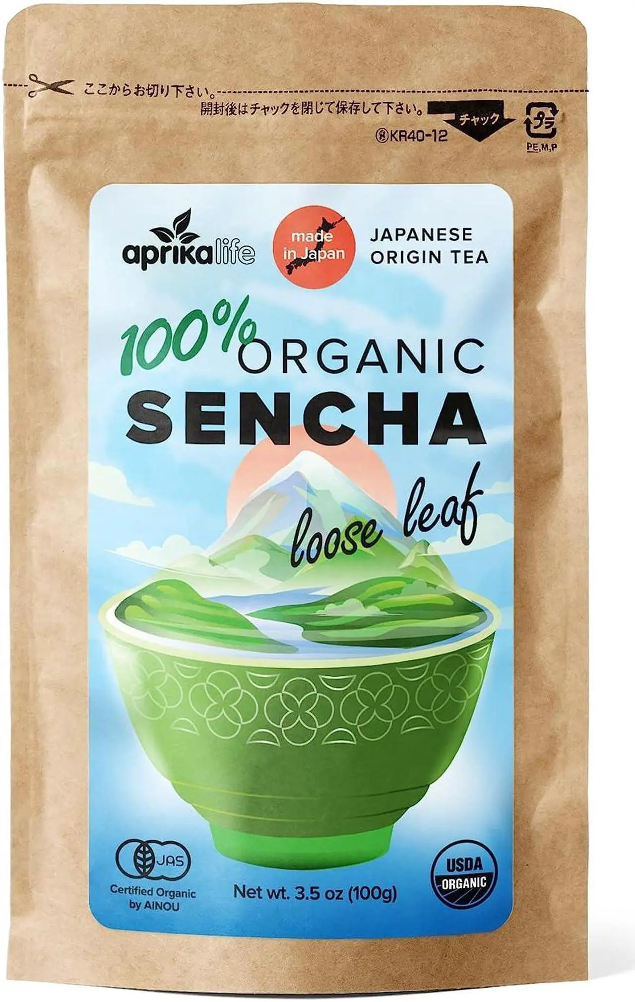 Main image of AprikaLife Organic Sencha Loose Leaf Tea - Japanese origin Green Tea - USDA & JAS Organic - [100g/3.5 Ounce Value Size]