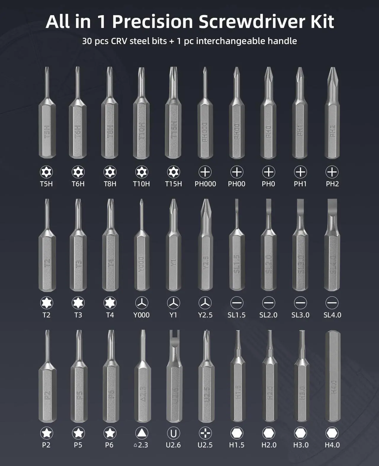 Alt view image 5 of 7 - 31 in 1 Magnetic Screwdriver Set, Precision Screwdriver Set, Multi Bit Reapair Tool Kit for Laptop, Cell Phone, PC, MacBook, Tablet, Computer, PS5, PS4, Electronic, Glasses, Watch