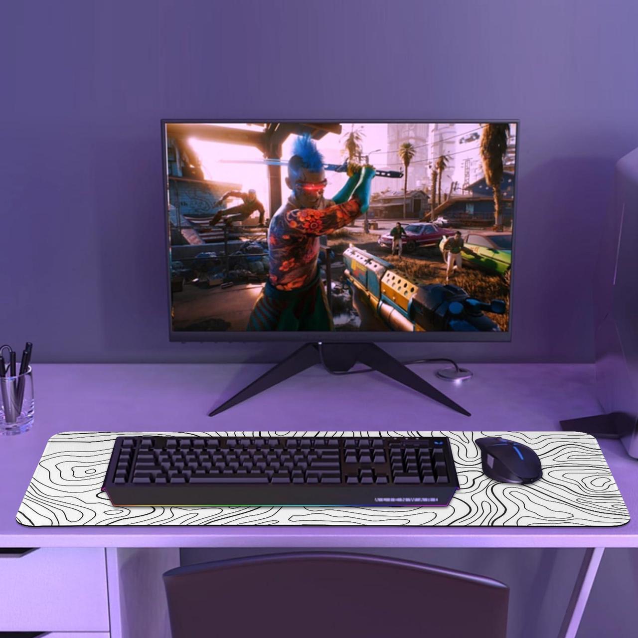 Alt view image 2 of 6 - Gaming Mouse Pad Large 31.5 x 11.8in Topographic Keyboard Pad Mouse Pad for Non-Slip Base and Stitched Edge, Extended Desk Pad XL Keyboard Desk Mat (White)