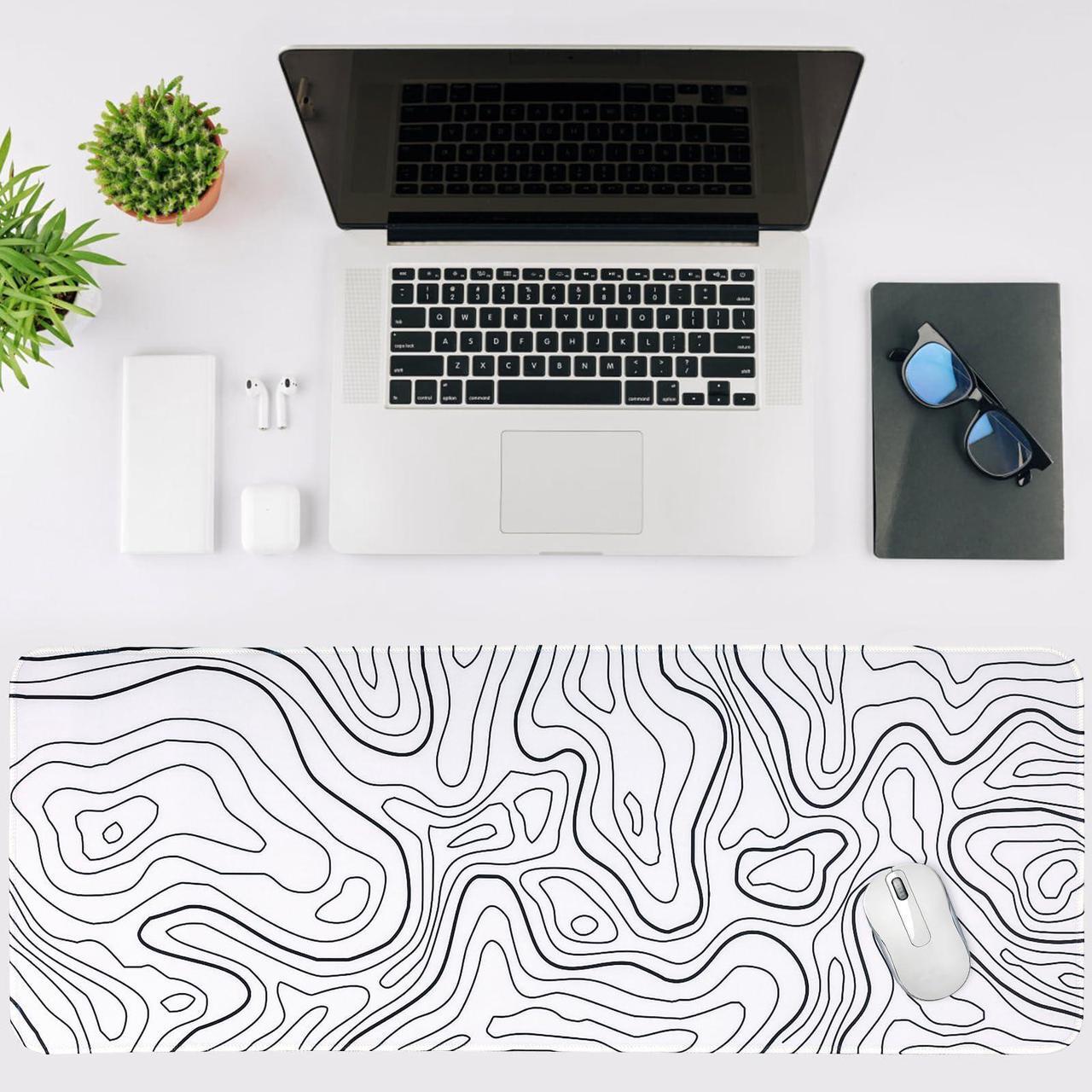 Alt view image 3 of 6 - Gaming Mouse Pad Large 31.5 x 11.8in Topographic Keyboard Pad Mouse Pad for Non-Slip Base and Stitched Edge, Extended Desk Pad XL Keyboard Desk Mat (White)