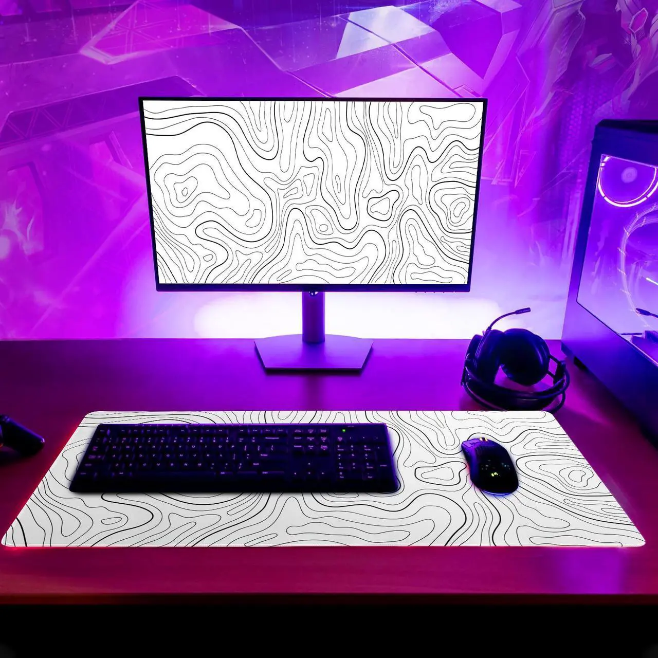 Alt view image 3 of 6 - Topographic Contour White Gaming Mouse Pad XL Geographic Map Lines Extended Big Large Desk Mat Non-Slip Rubber Base Stitched Edge Long Keyboard Mousepad for PC Computer Laptop,31.5x11.8 Inch