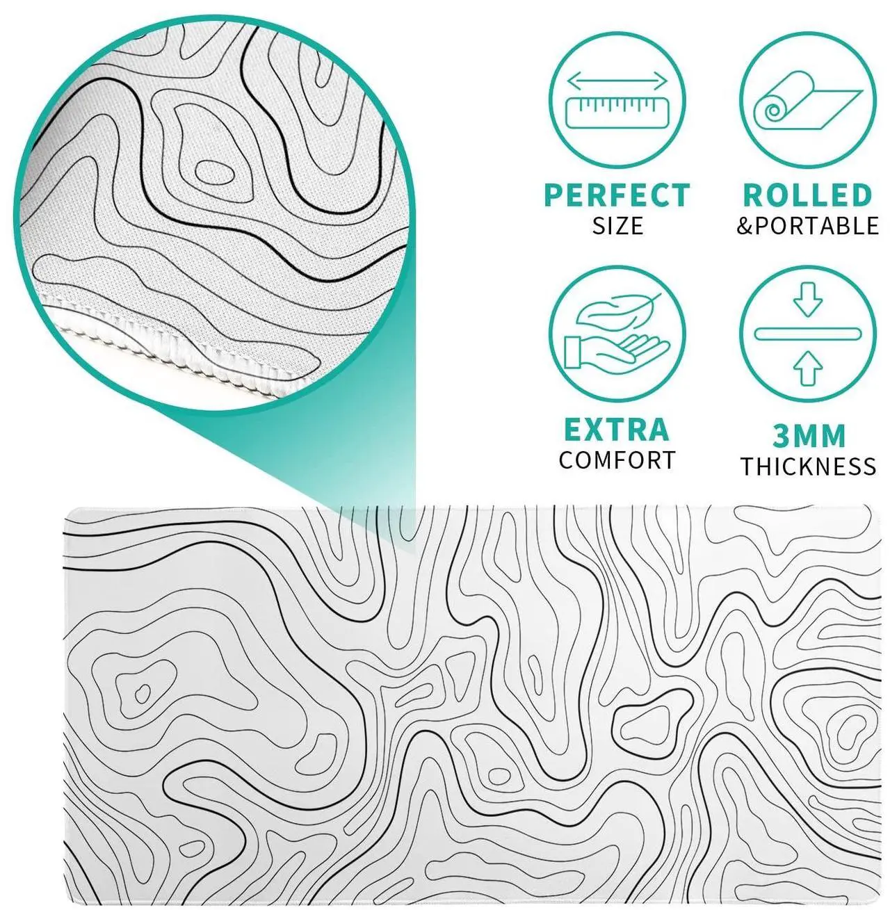 Alt view image 4 of 6 - Topographic Contour White Gaming Mouse Pad XL Geographic Map Lines Extended Big Large Desk Mat Non-Slip Rubber Base Stitched Edge Long Keyboard Mousepad for PC Computer Laptop,31.5x11.8 Inch