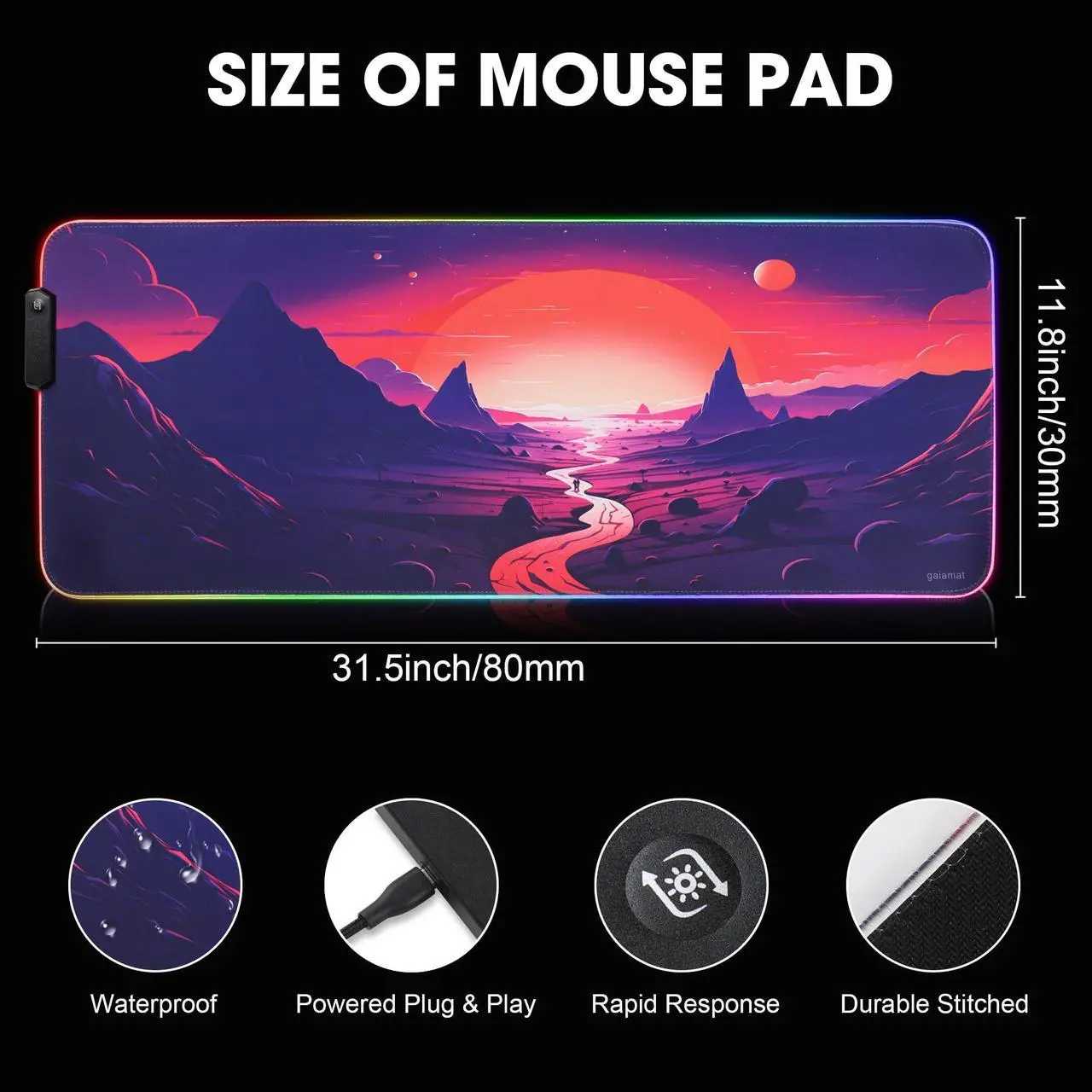 Alt view image 3 of 6 - gaiamat Anime RGB Gaming Mouse Pad,Large LED Mousepad with Durable Nylon Stitched Edges and Non-Slip Rubber Base,31.5X 11.8 Inch Glowing Game Mouse Mat for Personalized Gamer(80x30 US-FGsunshan)