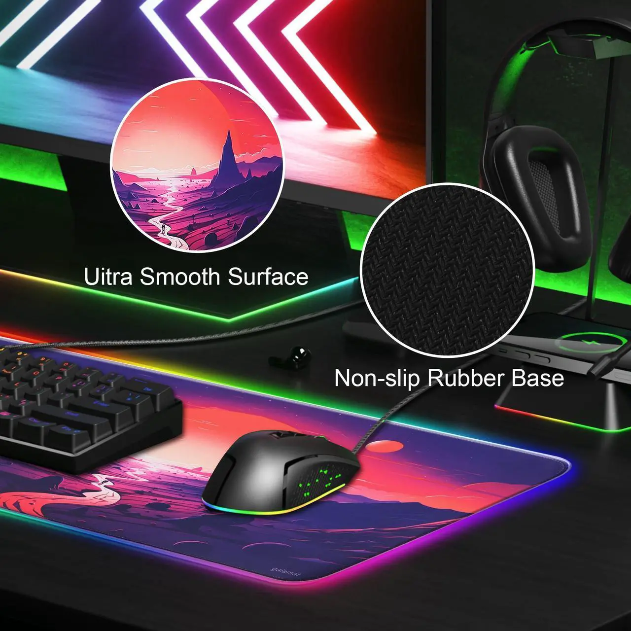 Alt view image 4 of 6 - gaiamat Anime RGB Gaming Mouse Pad,Large LED Mousepad with Durable Nylon Stitched Edges and Non-Slip Rubber Base,31.5X 11.8 Inch Glowing Game Mouse Mat for Personalized Gamer(80x30 US-FGsunshan)