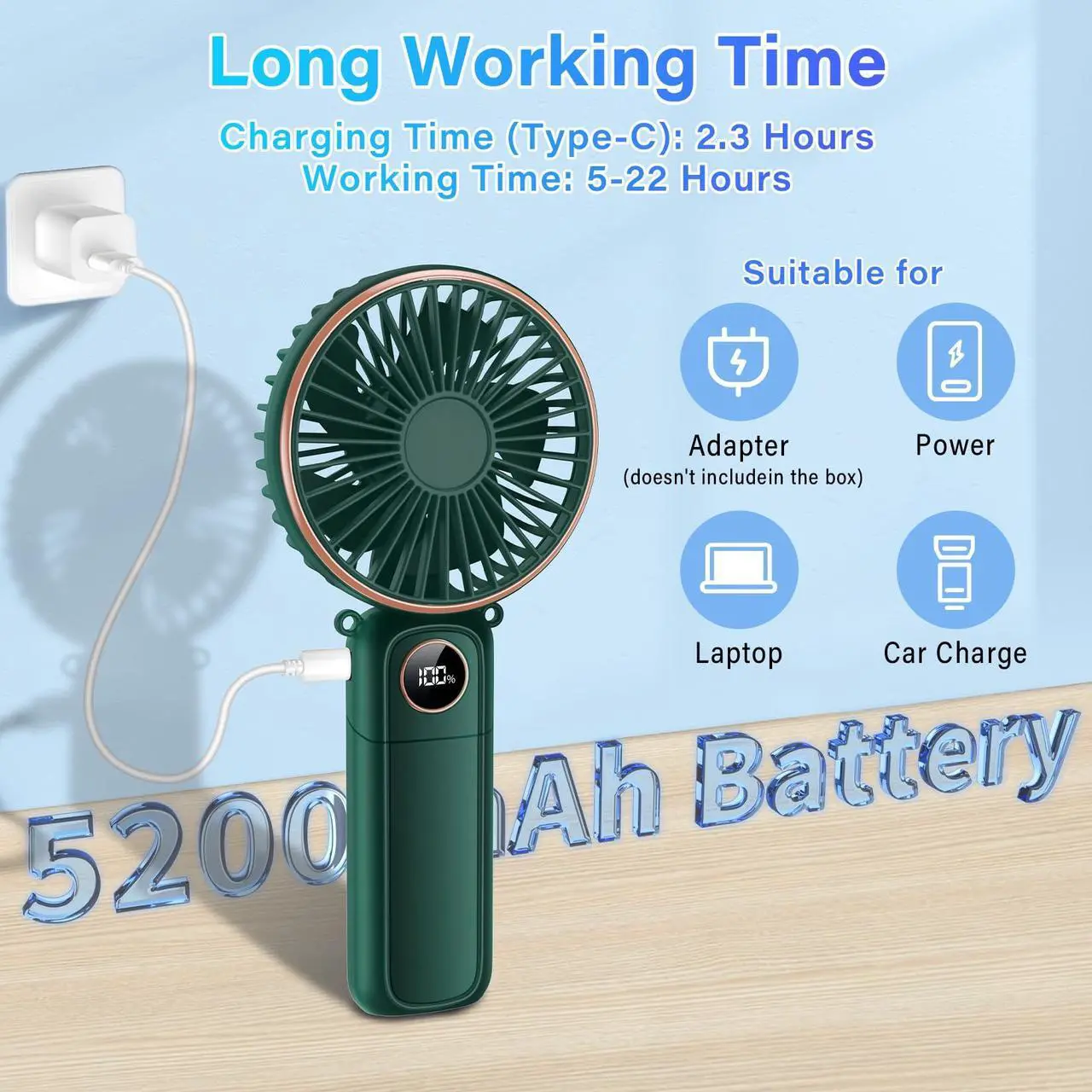 Alt view image 3 of 6 - Portable Handheld Fan 5200mAh USB Rechargeable, 180° Foldable Electric Personal Small Mini Hand Held Fan, Max 22 HRS Working, 6 Speeds Level, LED Display, Battery Powered for Travel, Outdoor, Makeup