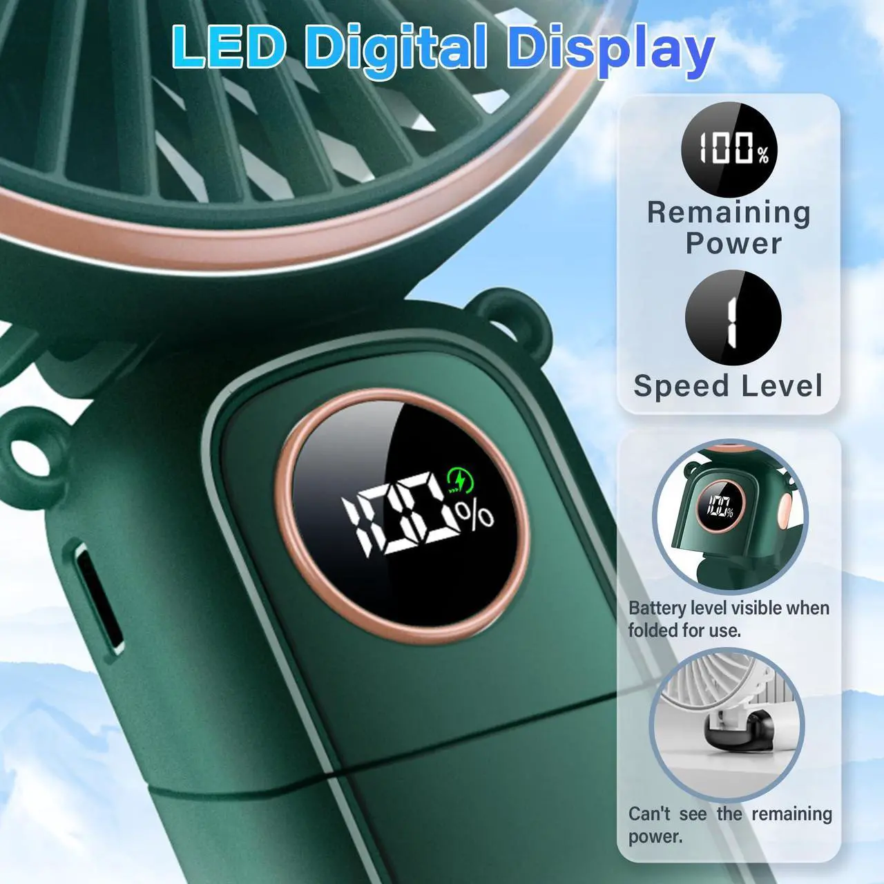 Alt view image 4 of 6 - Portable Handheld Fan 5200mAh USB Rechargeable, 180° Foldable Electric Personal Small Mini Hand Held Fan, Max 22 HRS Working, 6 Speeds Level, LED Display, Battery Powered for Travel, Outdoor, Makeup