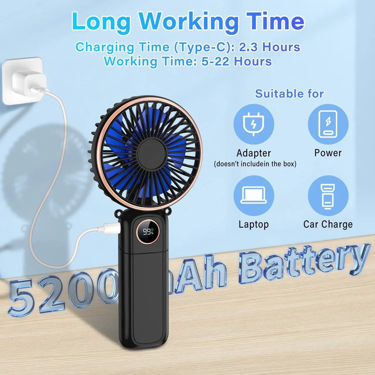 Alt view image 3 of 6 - Portable Handheld Fan 5200mAh USB Rechargeable, 180° Foldable Electric Personal Small Mini Hand Held Fan, Max 22 HRS Working, 6 Speeds Level, LED Display, Battery Powered for Travel, Outdoor, Makeup