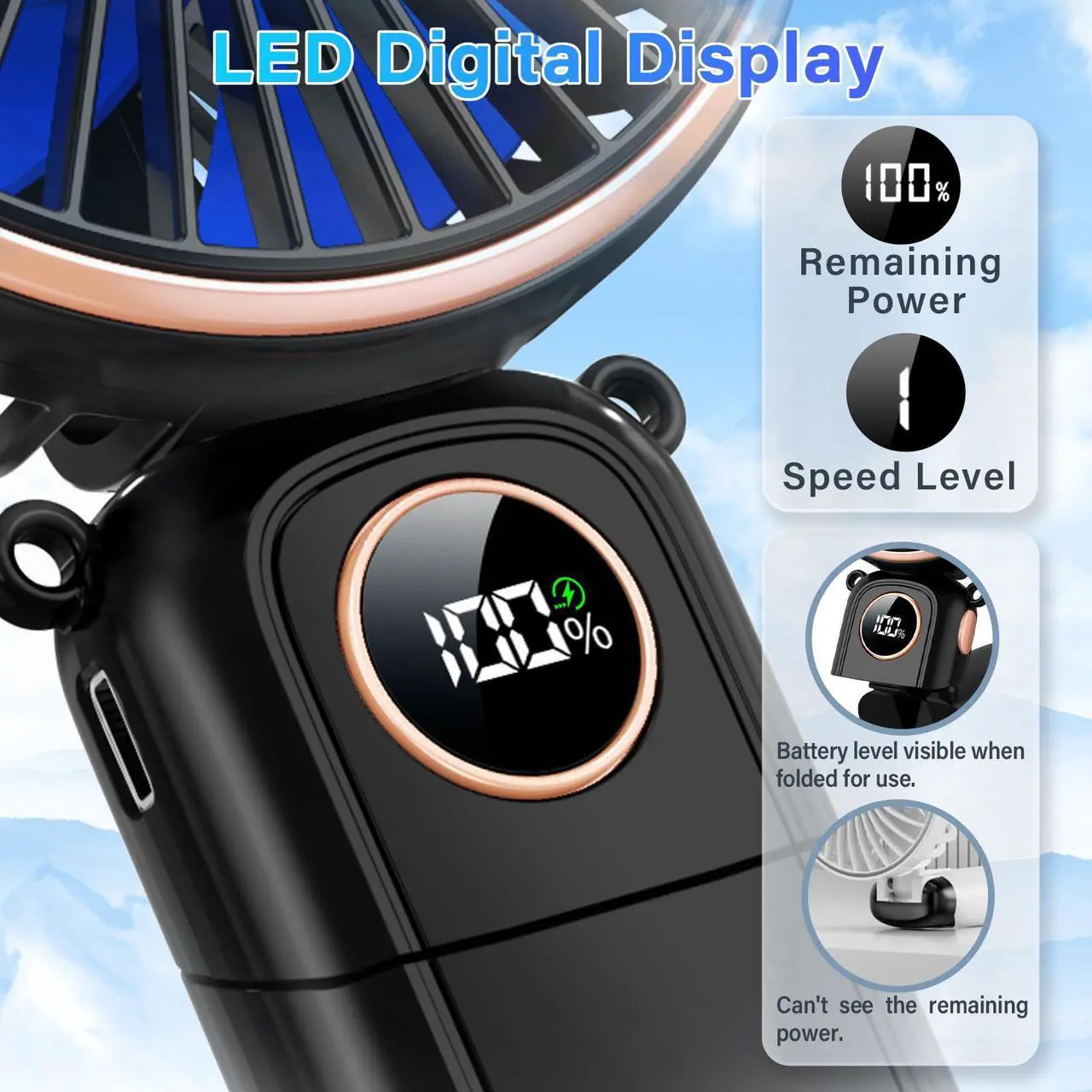 Alt view image 4 of 6 - Portable Handheld Fan 5200mAh USB Rechargeable, 180° Foldable Electric Personal Small Mini Hand Held Fan, Max 22 HRS Working, 6 Speeds Level, LED Display, Battery Powered for Travel, Outdoor, Makeup