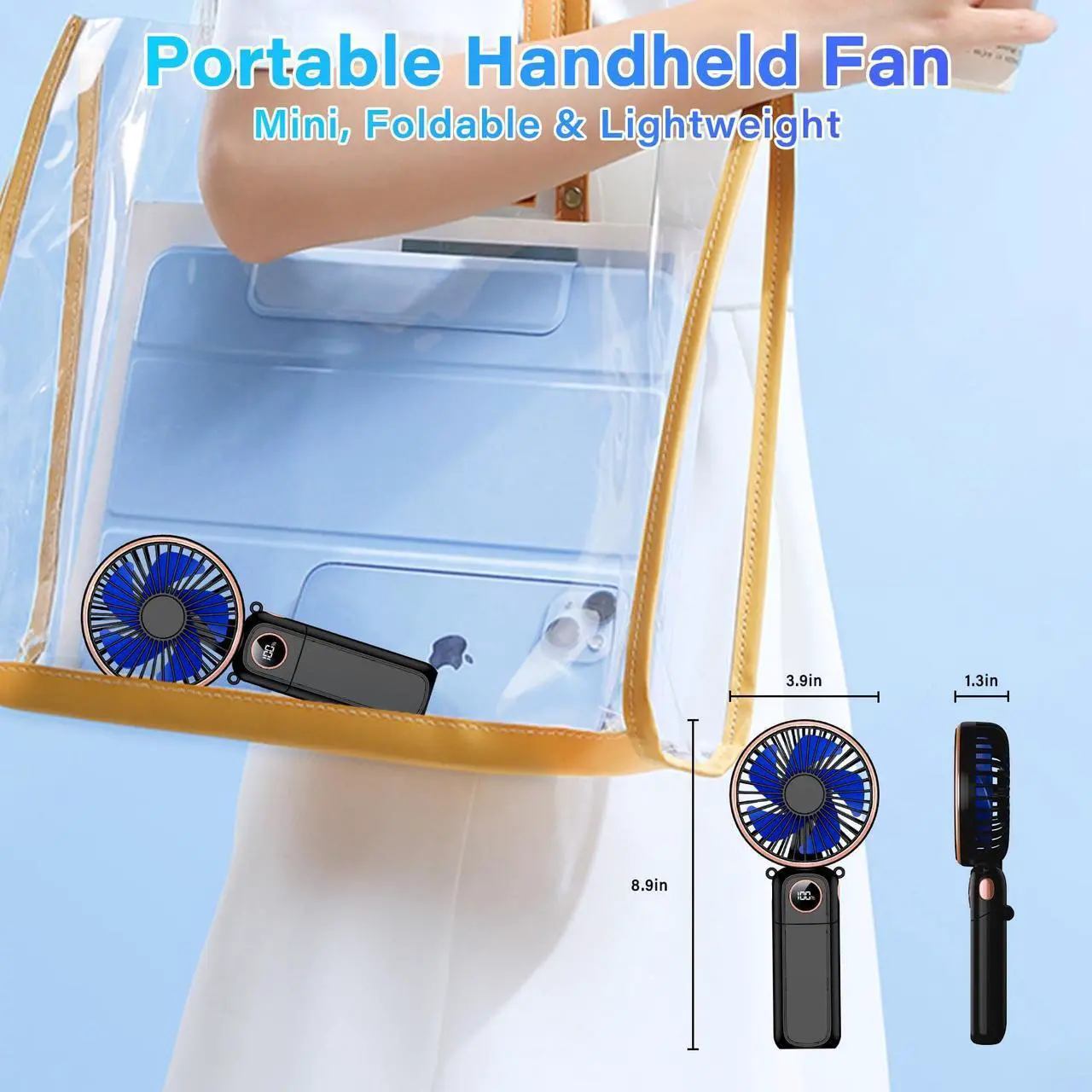 Alt view image 5 of 6 - Portable Handheld Fan 5200mAh USB Rechargeable, 180° Foldable Electric Personal Small Mini Hand Held Fan, Max 22 HRS Working, 6 Speeds Level, LED Display, Battery Powered for Travel, Outdoor, Makeup