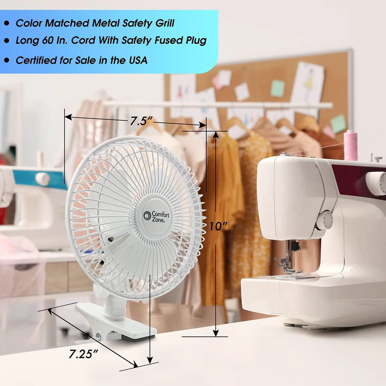 Alt view image 5 of 6 - Comfort Zone Portable Clip on Fan with Fully Adjustable Tilt, Electric, 6 inch, Quiet, Indoor, 2 Speed, Mini Desk Fan, Table Fan, Airflow 6.53 ft/sec, Ideal for Home, Bedroom, Dorm & Office, CZ6C