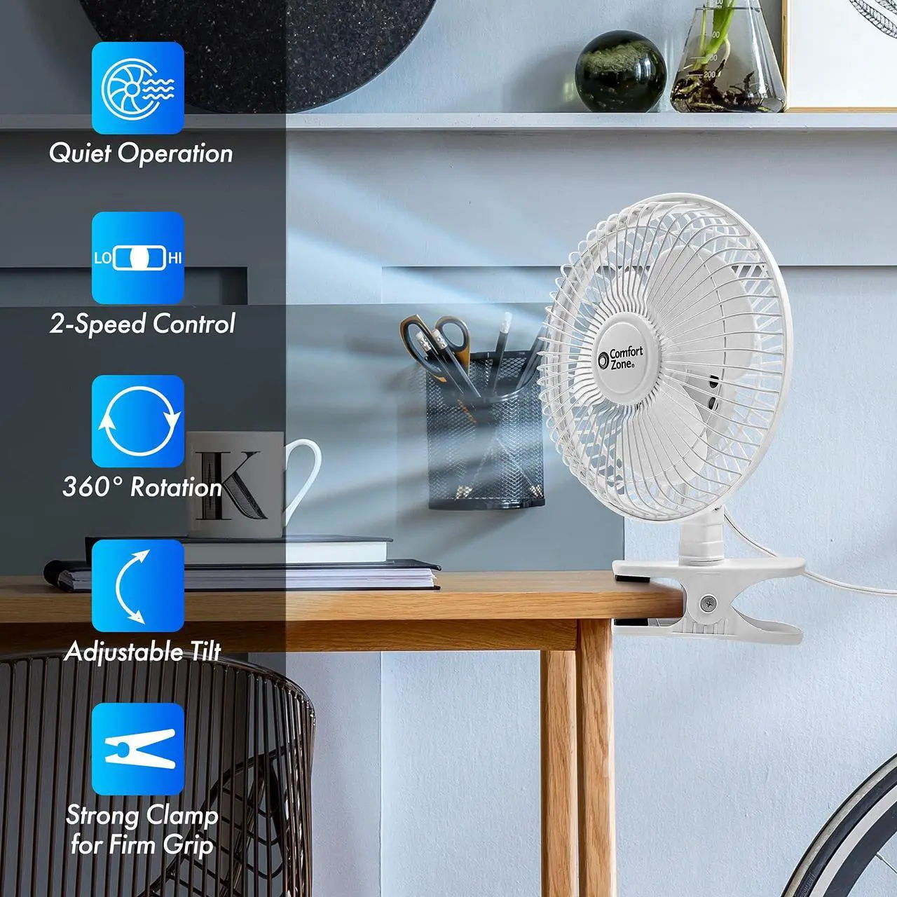 Alt view image 2 of 6 - Comfort Zone Portable Clip on Fan with Fully Adjustable Tilt, Electric, 6 inch, Quiet, Indoor, 2 Speed, Mini Desk Fan, Table Fan, Airflow 6.53 ft/sec, Ideal for Home, Bedroom, Dorm & Office, CZ6C