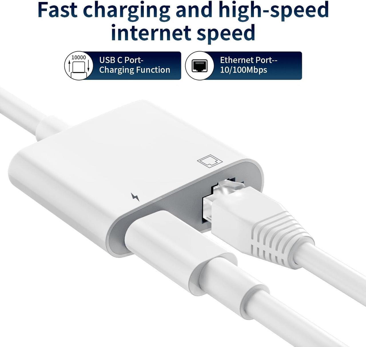Alt view image 3 of 7 - [Apple MFi Certified] USB C to Ethernet Adapter, 2 in 1 RJ45 Ethernet LAN Network Adapter with USB Type C Charge Port Compatible with iPhone 16/15 Pro/Max/Plus, MacBook, iPad and More,Supports 100Mbps