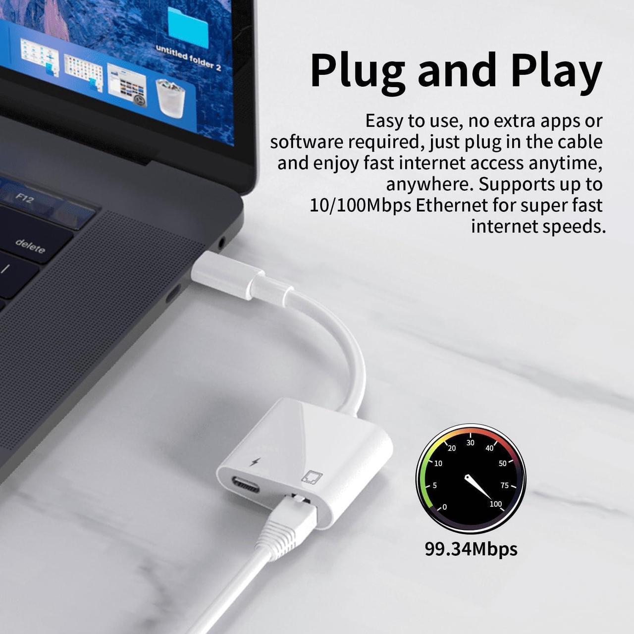 Alt view image 5 of 7 - [Apple MFi Certified] USB C to Ethernet Adapter, 2 in 1 RJ45 Ethernet LAN Network Adapter with USB Type C Charge Port Compatible with iPhone 16/15 Pro/Max/Plus, MacBook, iPad and More,Supports 100Mbps