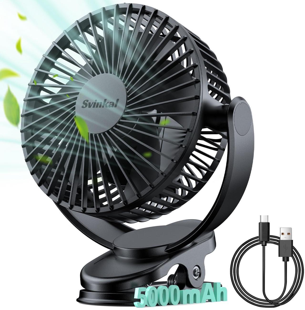 Main image of Svinkal USB-Ventilator zum Anklipsen, 5000 mAh, batteriebetrieben, 15,2 cm, Typ C, 3 Geschwindigkeiten, 720°-Einstellung, kleiner tragbarer Ventilator für Tisch, Schlafzimmer, Schreibtisch, Wohnheim,