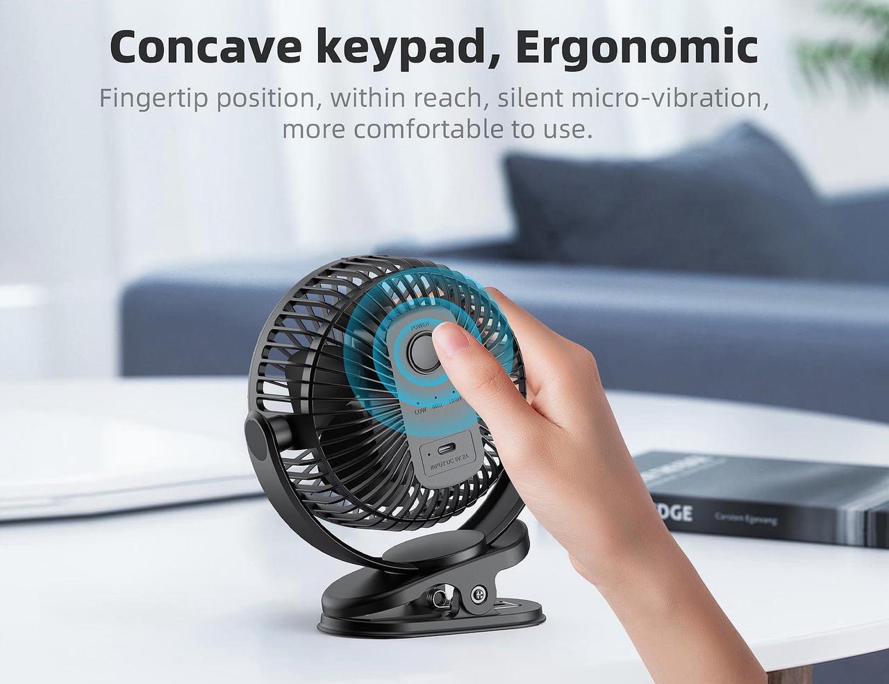 Alt view image 6 of 7 - Svinkal USB-Ventilator zum Anklipsen, 5000 mAh, batteriebetrieben, 15,2 cm, Typ C, 3 Geschwindigkeiten, 720°-Einstellung, kleiner tragbarer Ventilator für Tisch, Schlafzimmer, Schreibtisch, Wohnheim,