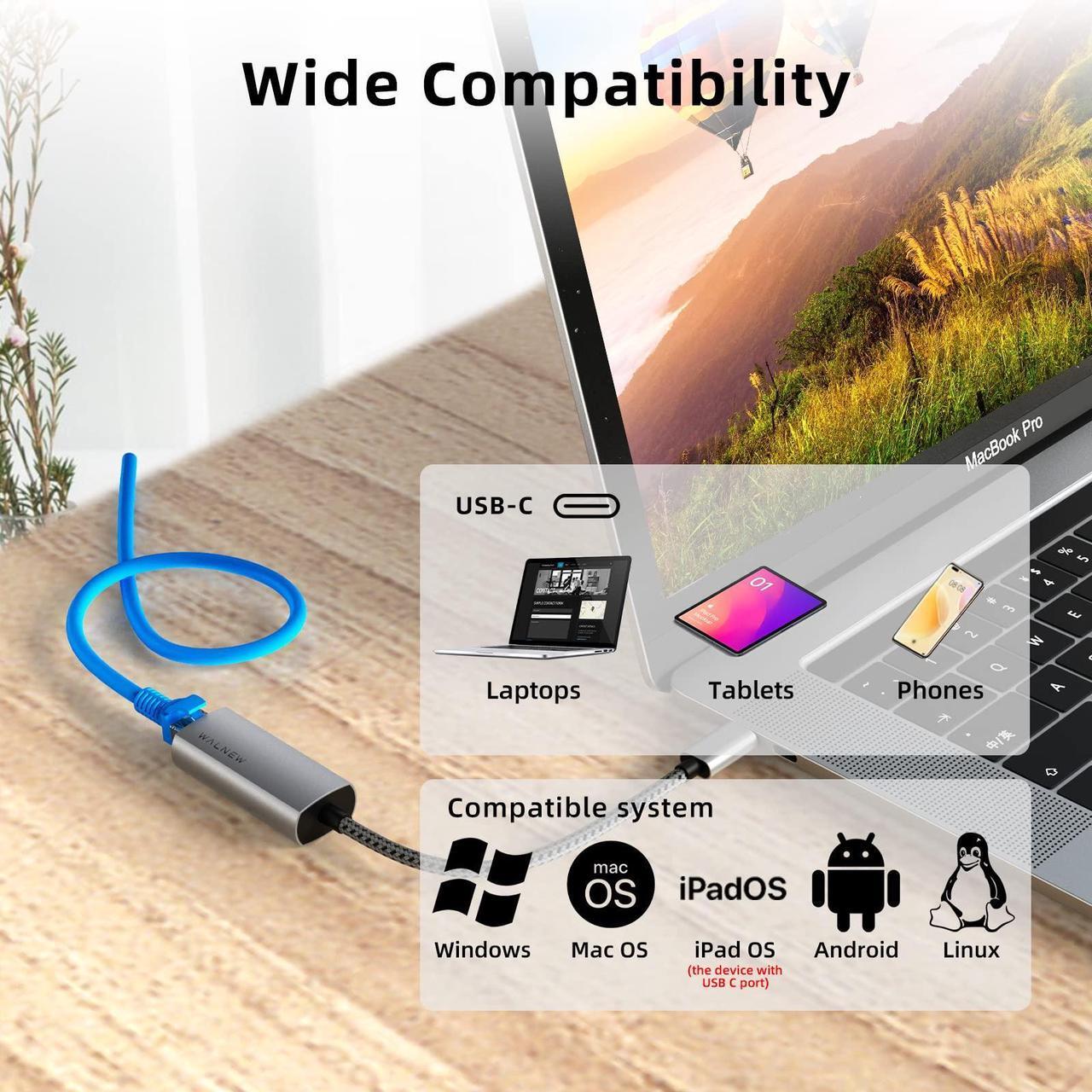 Alt view image 7 of 7 - USB-C to Ethernet Adapter, WALNEW USBC to RJ45 Lan Adapter, Gigabit Cat Network Cable Converter to Type C Thunderbolt 3 for Mac,MacBook Pro/Air,iPad 10th,Dell XPS,Chromebook,Surface,Samsung Galaxy Tab