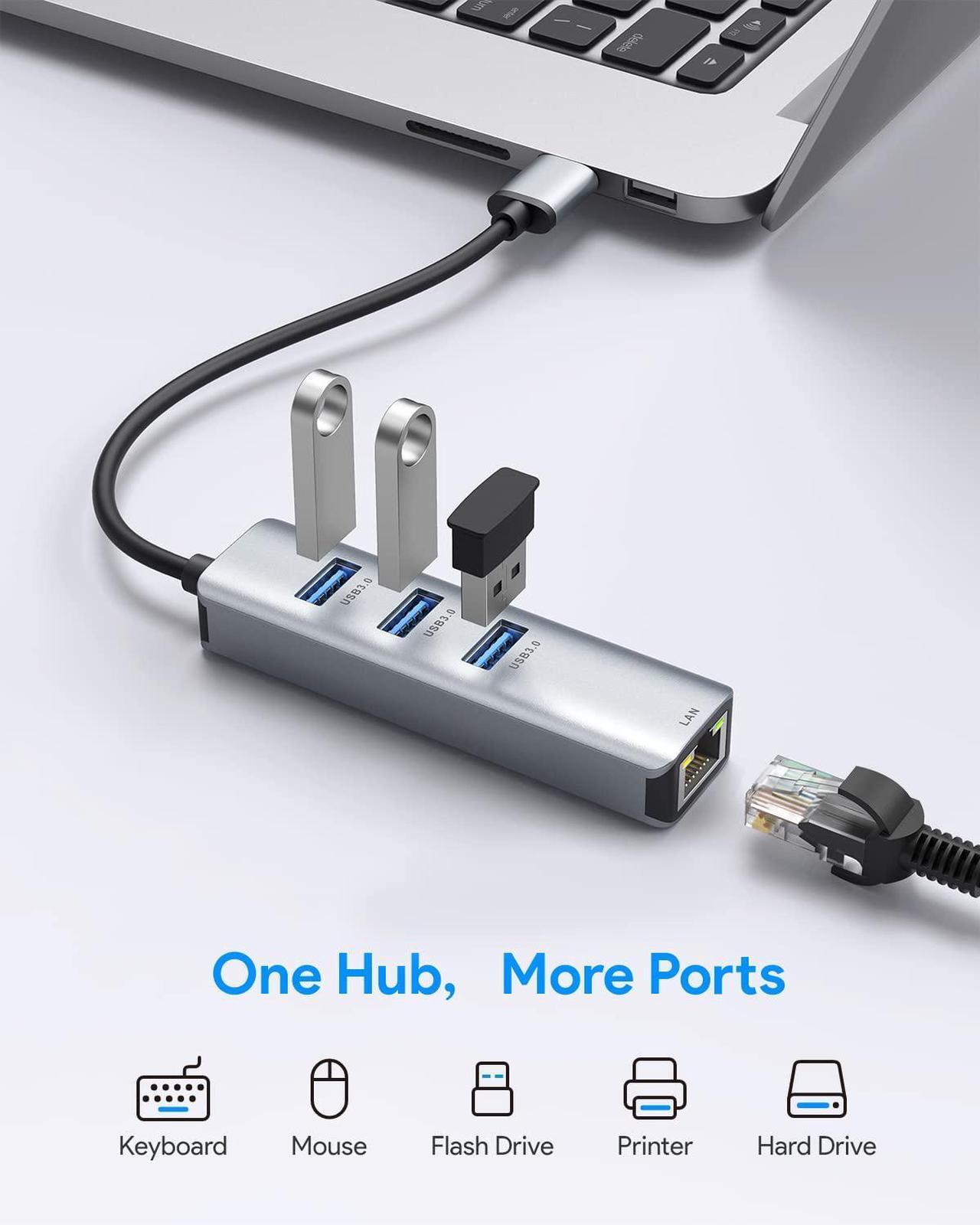 Alt view image 2 of 7 - USB 3.0 to Ethernet Adapter,ABLEWE 3-Port USB 3.0 Hub with RJ45 10/100/1000 Gigabit Ethernet Adapter Support Windows 10,8.1,Mac OS, Surface Pro,Linux,Chromebook and More